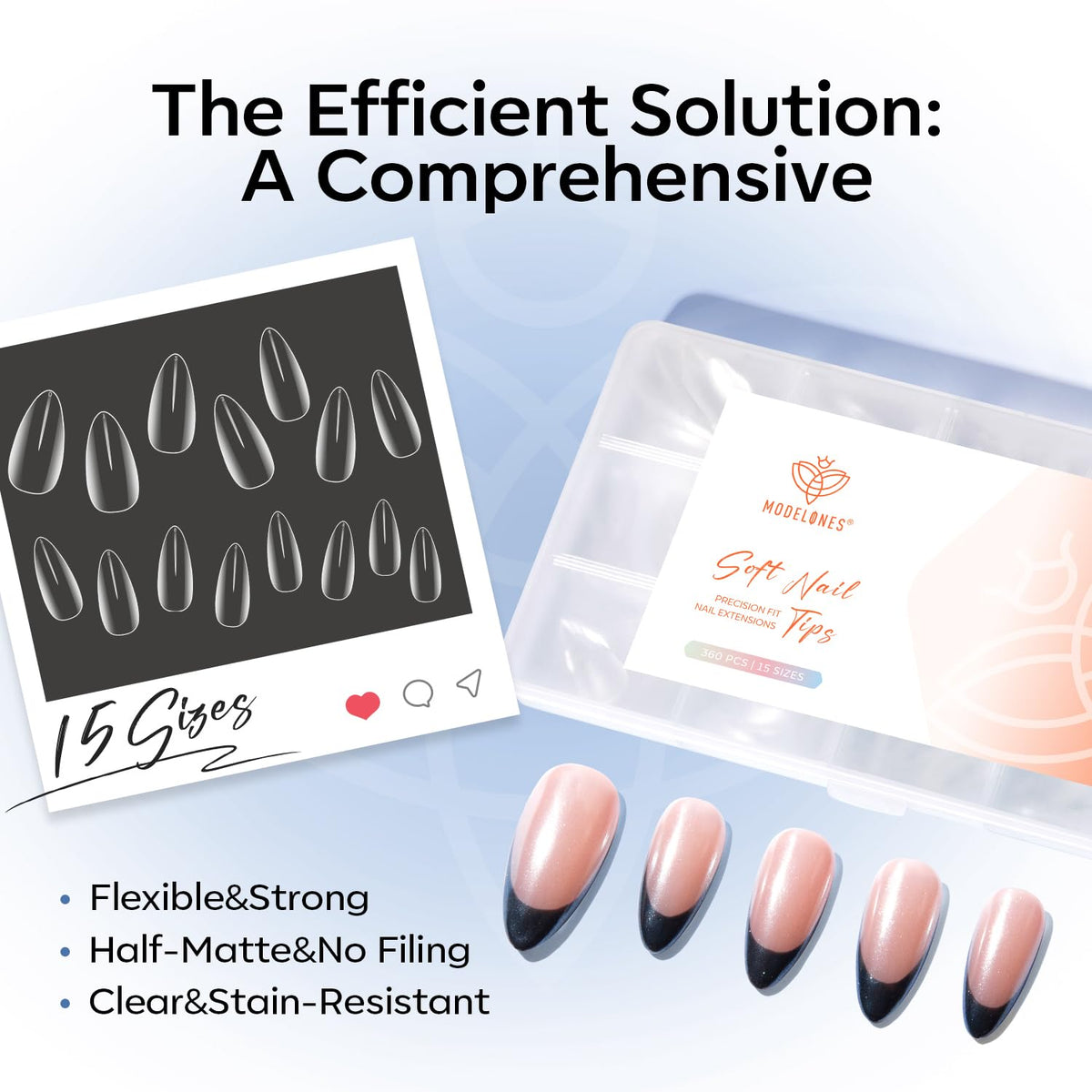 Modelones Short Almond Nail Tips, 360 pieces in 15 sizes. Flexible, stain-resistant, and no filing required. Order online today!
