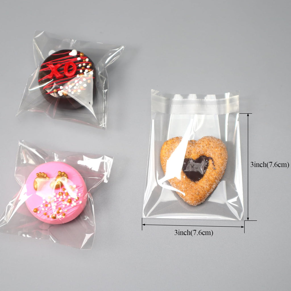 TEMLQPACK100Pcs Self - sealing 3x3 Inch Clear Cellophane Bags - Perfect for Packaging Chocolate - covered Oreos, Macarons, etc. - Party Edition