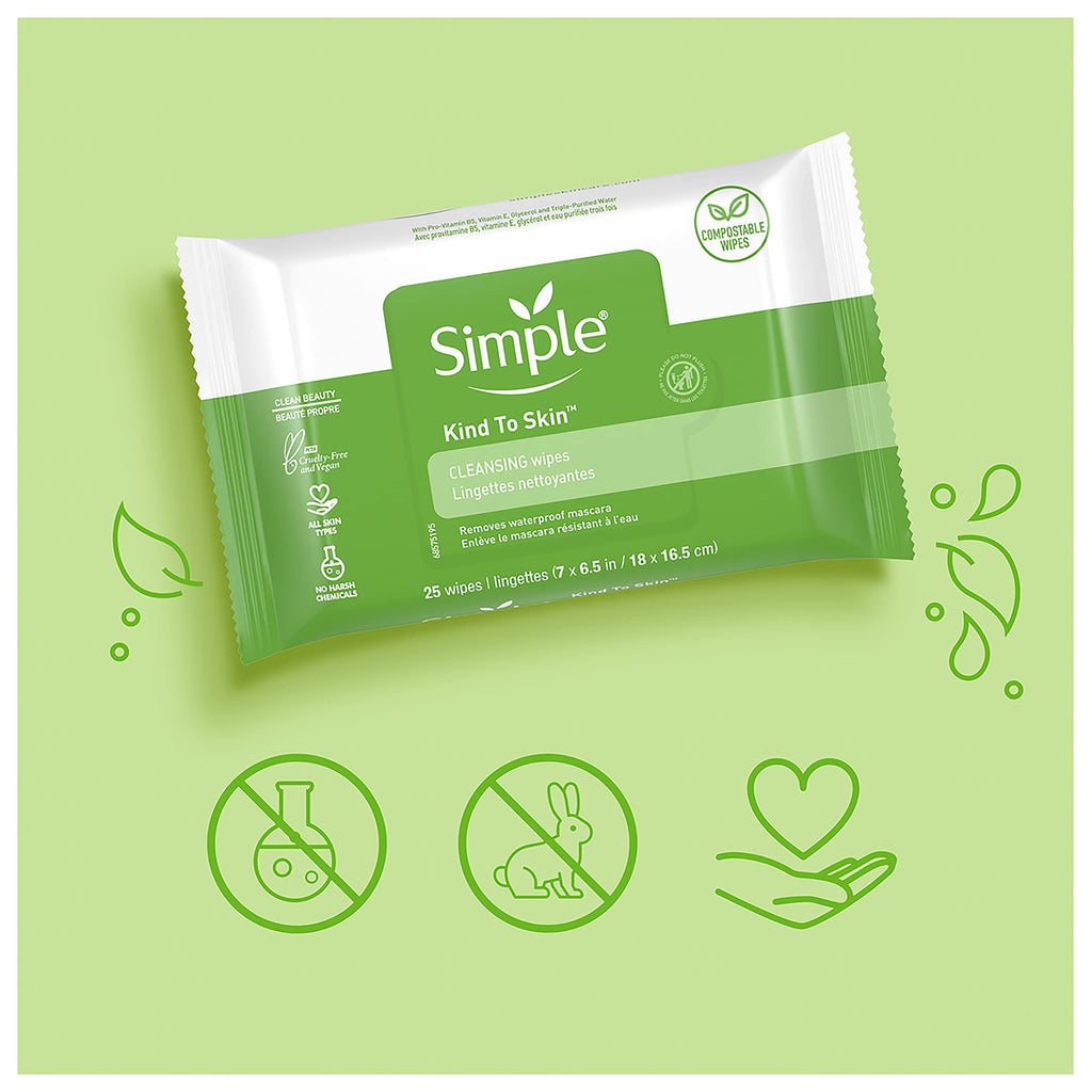 Simple Kind to Skin Facial Wipes Gentle and Effective Makeup Remover Cleansing Free from color and dye, artificial perfume and harsh chemicals 25 Wipes