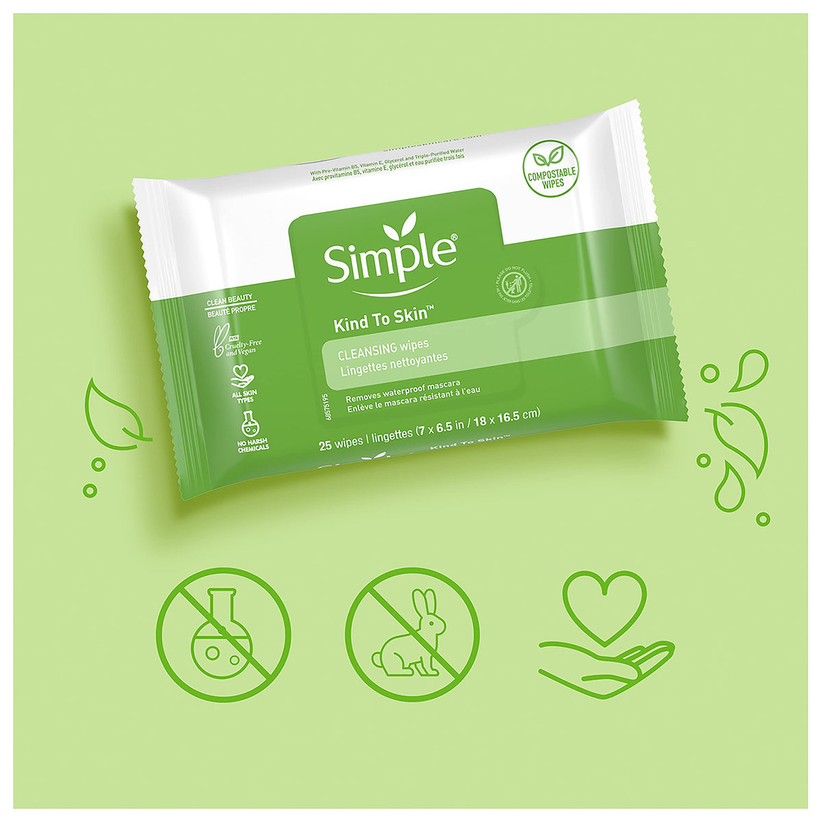 Simple Kind to Skin Facial Wipes Gentle and Effective Makeup Remover Cleansing Free from color and dye, artificial perfume and harsh chemicals 25 Wipes