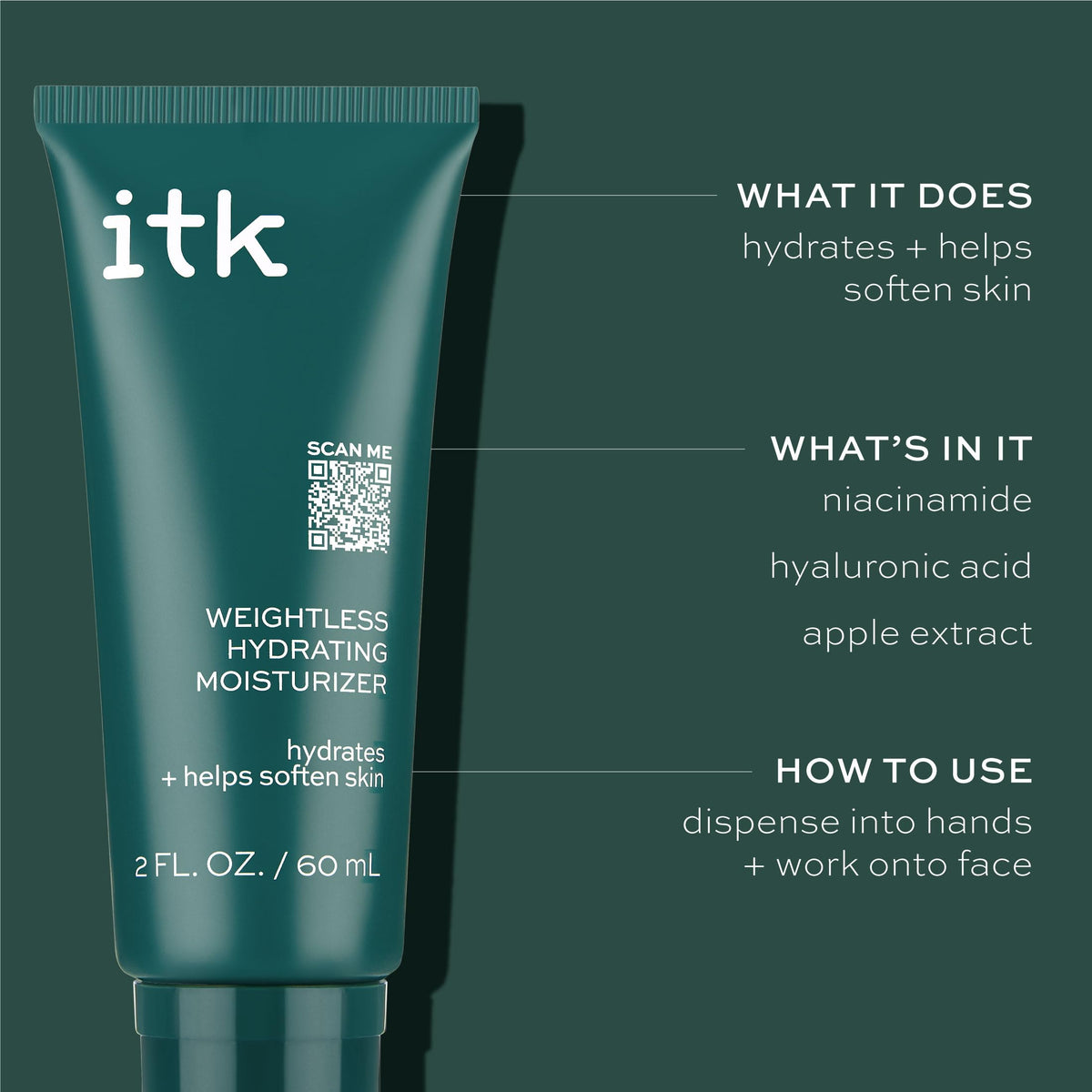 ITK Skincare Weightless Hydrating Face Moisturizer - Hydrates + Smoothes Skin - Niacinamide - Brighten Dark Spots - Hyaluronic Acid - Maintain Moisture Levels - Vitamin E-infused, 2 fl. oz