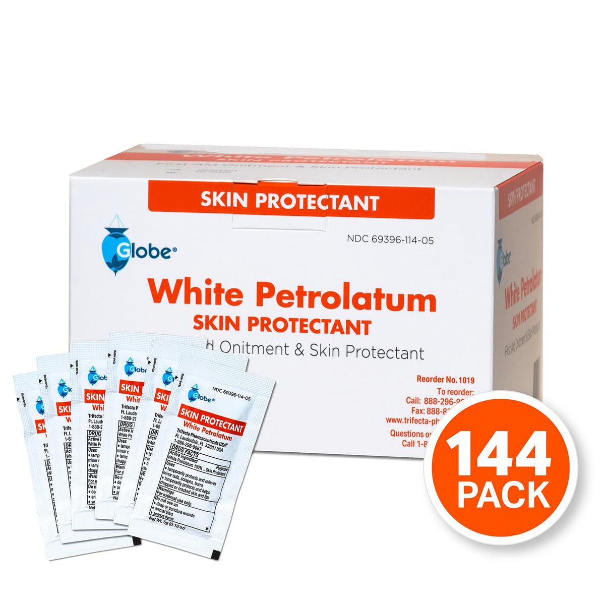 Globe White Petrolatum Jelly, 144 Pack, Skin Protectant, 5 g Packets