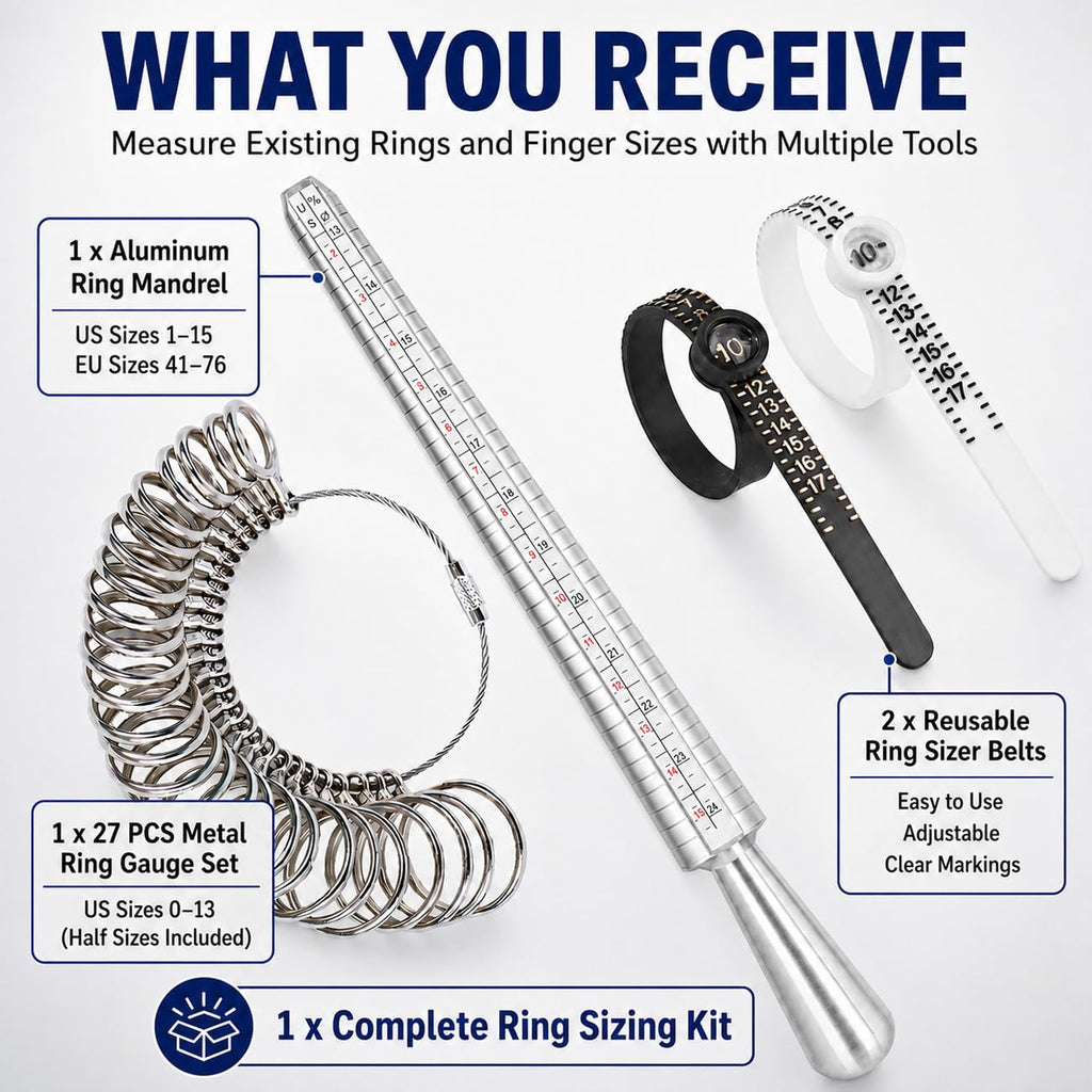 NIUPIKA Ring Sizer Measuring Tool Ring Mandrel Ring Measurer Ring Sizing Kit Measure Finger Size Measurement Tool Set Metal Gauge US Size 1-13 Jewelry Sizers Kit of 27 Pieces