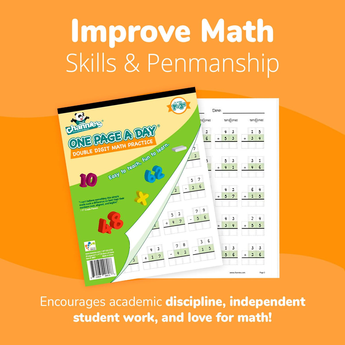 Channie's One Page A Day Double Digit Math Problem Workbook for 1st Graders, 2nd Graders, and 3rd Grade Simply Tear Off On Page a Day For Math Repetition Exercise! Addition and Subtraction Workbook