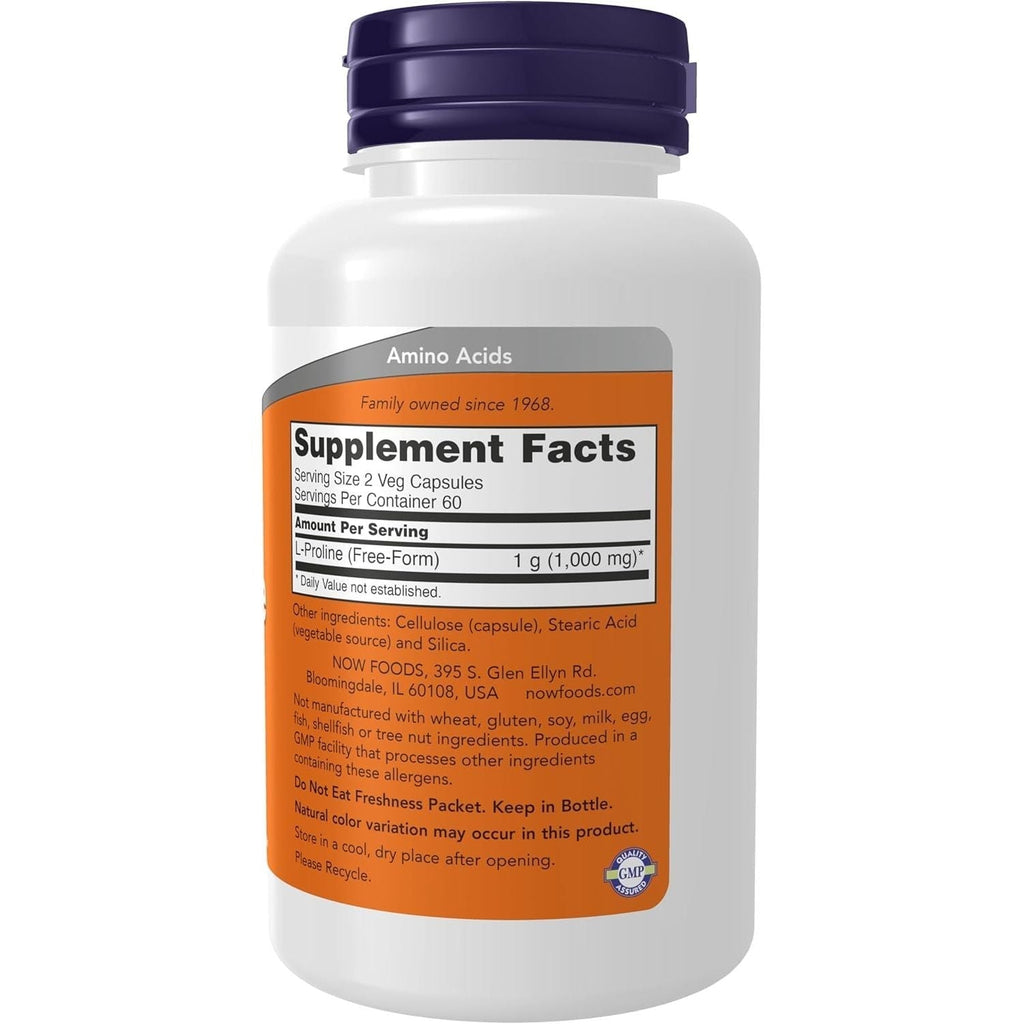 Buy now NOW Supplements, L-Proline 500 mg, Collagen Production*, Structural Support*, 120 Veg Capsules at indiglob india
