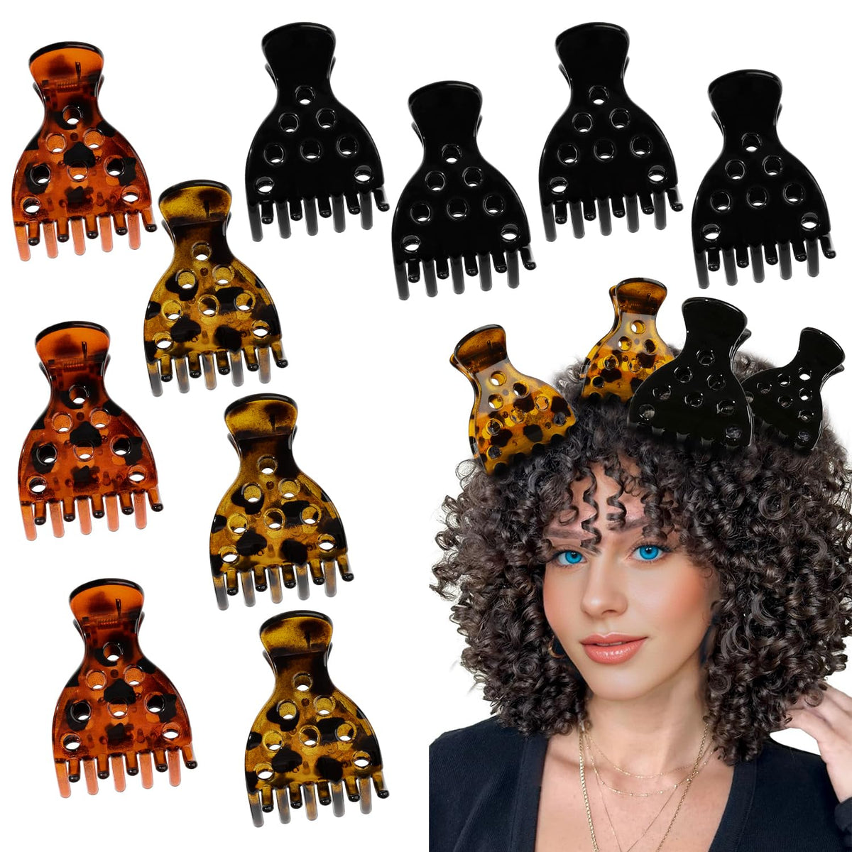 Complete set of 10 hair volume clips in black and tortoiseshell designs, ideal for adding lift to curly hairstyles.