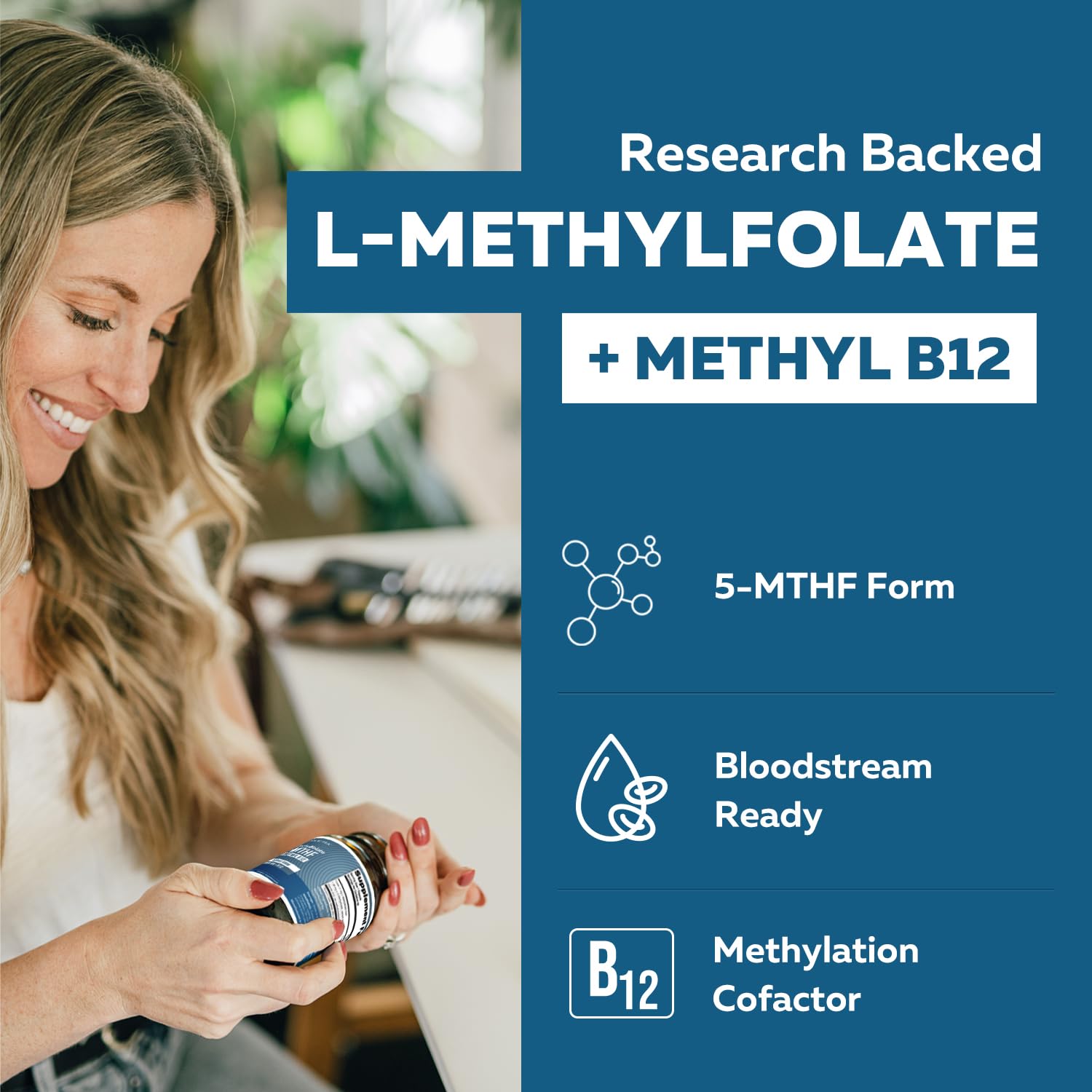 L Methylfolate 7.5mg plus Methyl B12 - Active 5-MTHF Form, MTHFR Supplement - Bloodstream Ready Methylated Folate + B12 Cofactor - Supports Mood, Homocysteine Methylation, Cognition (60 Capsules)