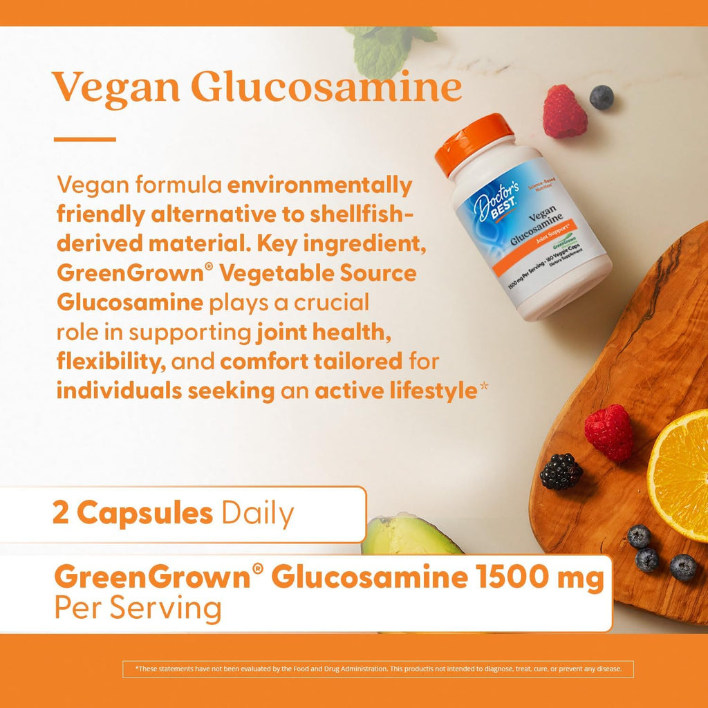 Buy now Doctor's Best Vegan Glucosamine Sulfate, Joint Support, Non-GMO, Vegan, Gluten Free, Soy Free, 750 mg 180 Veggie Caps at indiglob india