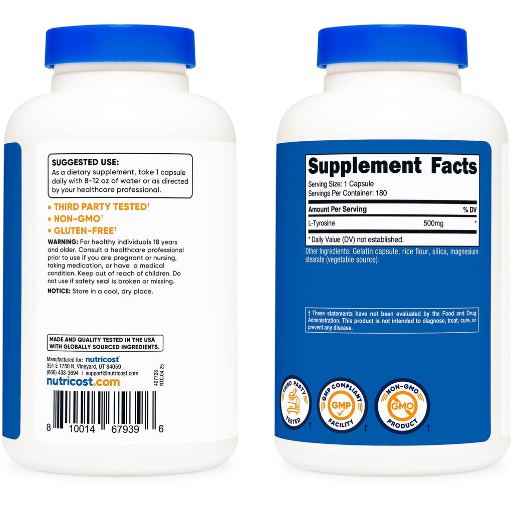 Nutricost L-Tyrosine Supplement 500mg, 180 Capsules, Gluten-Free, GMO-Free
