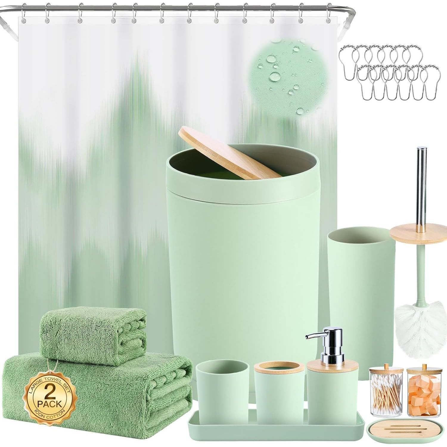 Buy now iMucci 9Pcs Black Bathroom Accessories Set with Trash Can Bathroom Set Black Bathroom Accessories Bathroom Decor Bath Set+Shower Curtain+Bath Towel Set Green at indiglob india