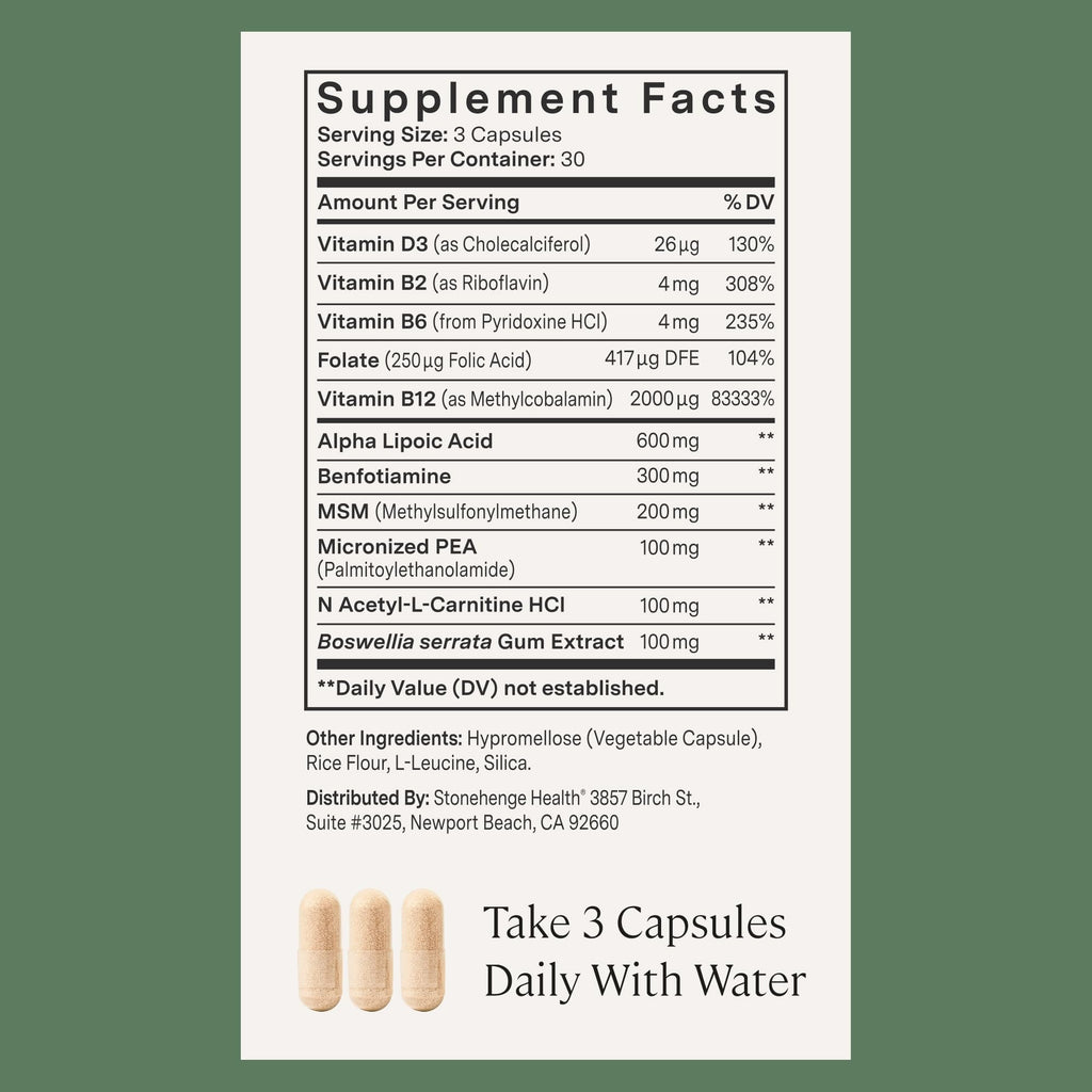 Stonehenge Health Dynamic Nerve®| Mobility Function in Hands & Feet - 90ct | Nerve Support Supplements for Hands and Feet Alpha Lipoic Acid ALA 600mg Benfotiamine PEA B Complex B12 Acetyl L Carnitine D3