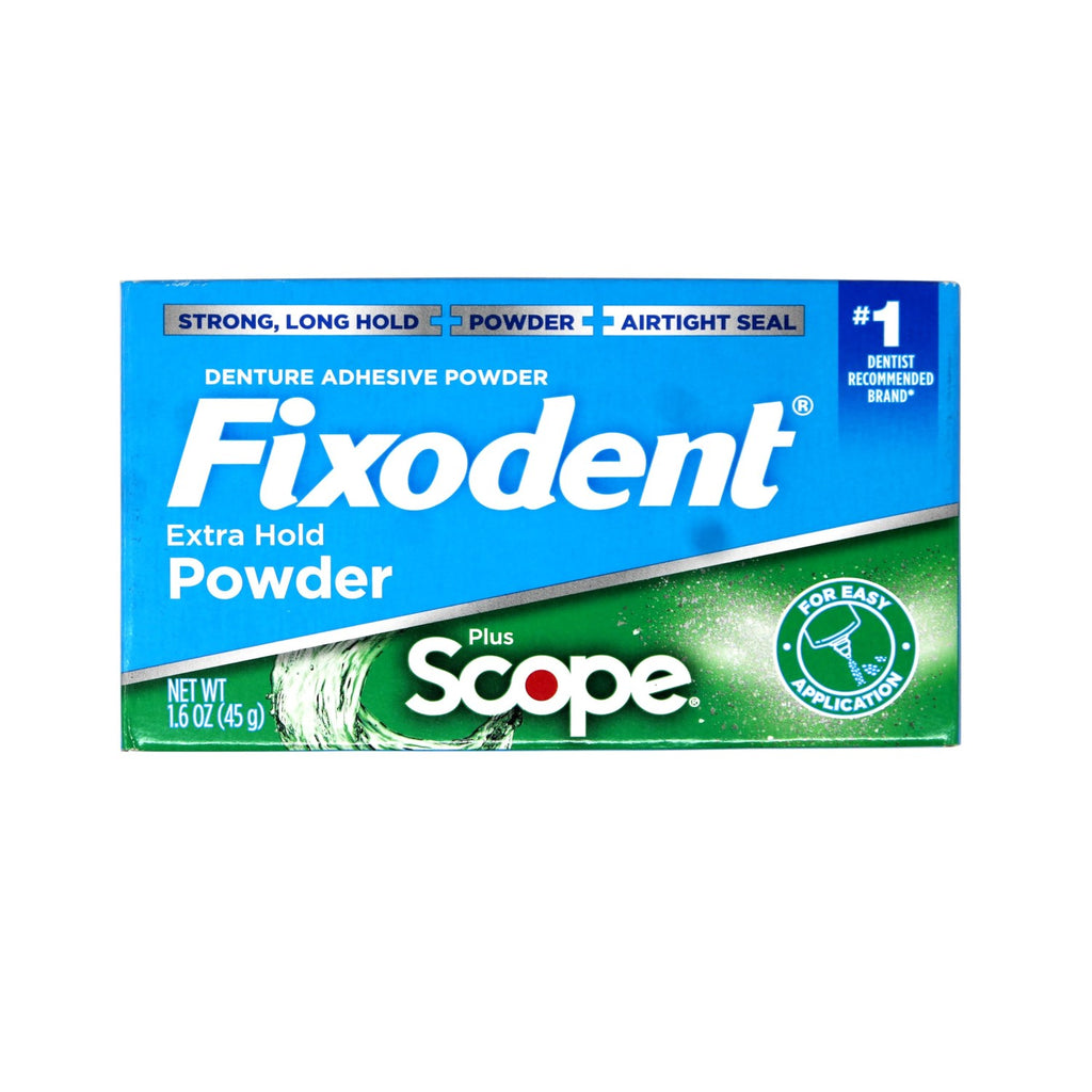 Fixodent Denture Adhesive Powder, Extra Strong, Plus Scope, Strong, Long Hold Powder, Airtight Seal, 1.6 OZ, Pack of 3