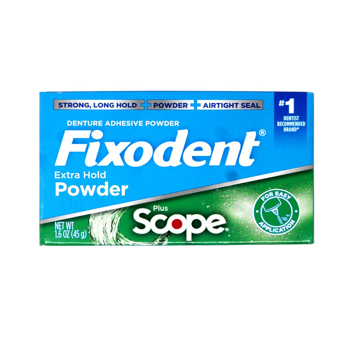 Fixodent Denture Adhesive Powder, Extra Strong, Plus Scope, Strong, Long Hold Powder, Airtight Seal, 1.6 OZ, Pack of 3