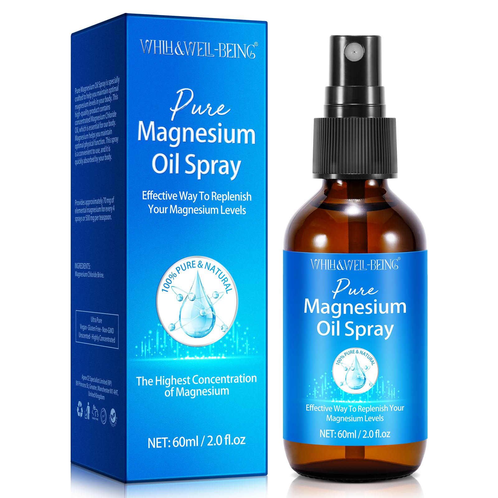 Magnesium Spray, Pure Magnesium Oil Spray for Feet, Natural Ingredient in Glass Bottle, Easy to Absorb and Use 2Pack