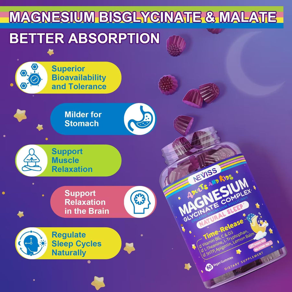 Magnesium Glycinate Gummies for Adults & Kids 4+, Sugar Free Magnesium Bisglycinate Supplement 400/200mg with B6D3, L-Theanine for Sleep & Relaxation, Brain, Muscle, Melatonin Free Gummies,1Pack