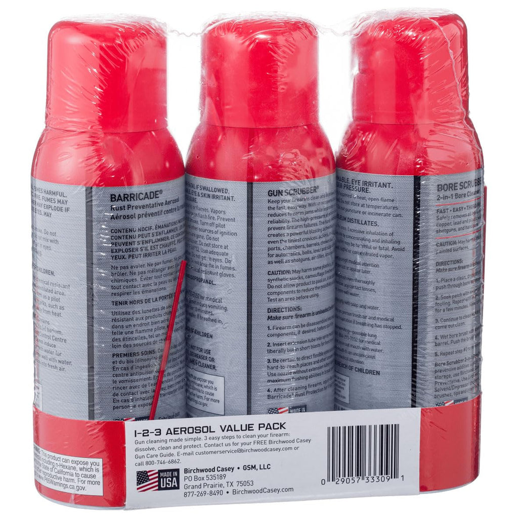 Birchwood Casey 1,2,3 Gun Scrubber, Bore Scrubber & Barricade Value Pack Gun Cleaning Kit, 3 Aerosol Cans, 10 OZ