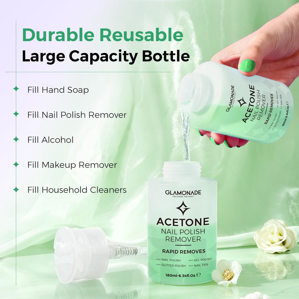 Glamonade Acetone Nail Polish Remover: Gel Polish Remover for Removal of Quick Dry Nail Polish/Gel Polish/Glitter Polish/Nail Tips | Aloe Vera Scent with Easy Push-Down Pump(6.34 Fl Oz)
