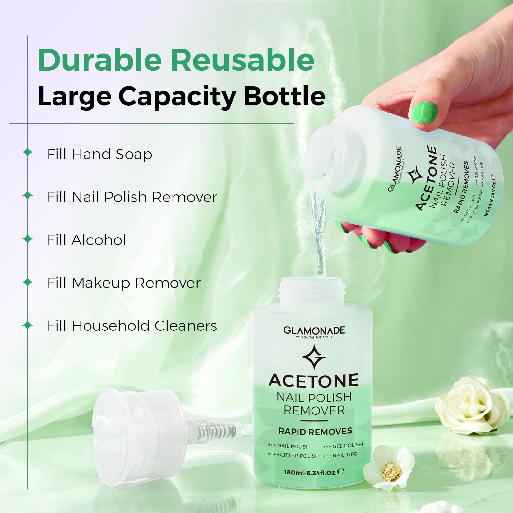 Glamonade Acetone Nail Polish Remover: Gel Polish Remover for Removal of Quick Dry Nail Polish/Gel Polish/Glitter Polish/Nail Tips | Aloe Vera Scent with Easy Push-Down Pump(6.34 Fl Oz)