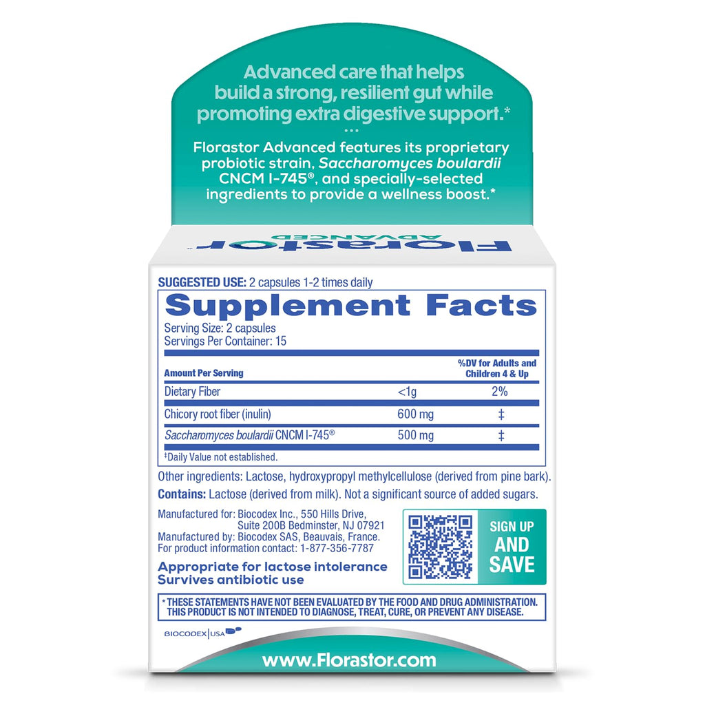 Florastor Advanced Pro+Pre Daily Probiotic and Prebiotic, 30 Capsules | Boosts Good Bacteria with Saccharomyces Boulardii CNCM I-745