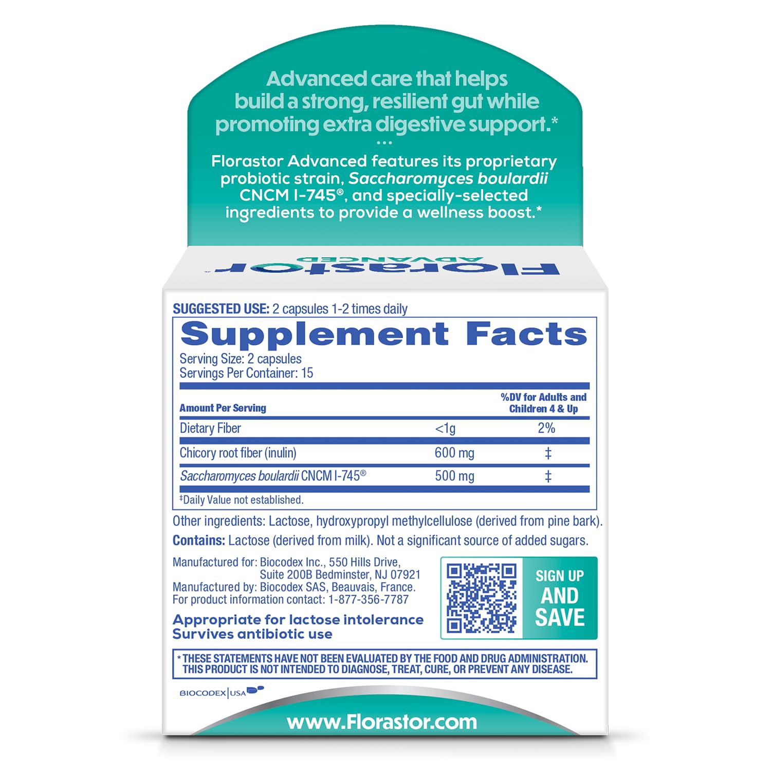 Florastor Advanced Pro+Pre Daily Probiotic and Prebiotic, 30 Capsules | Boosts Good Bacteria with Saccharomyces Boulardii CNCM I-745