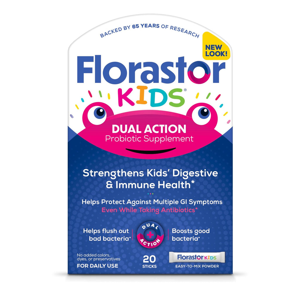 Florastor Kids Dual Action Probiotic Supplement, Strengthens Kids' Digestive & Immune Health, 60 Easy-to Mix Powder Sticks