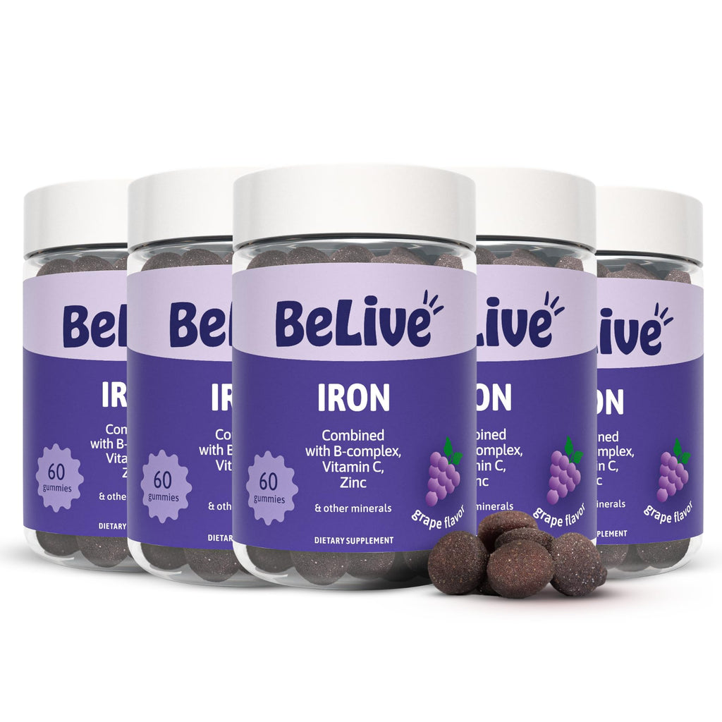 BeLive Iron Gummies, Multivitamin Supplement, Blood Oxygen Support, 120 Ct | With Vitamin C, B Complex, Folate, and Zinc for Women, Men & Kids for Growth and Development, Grape Flavor