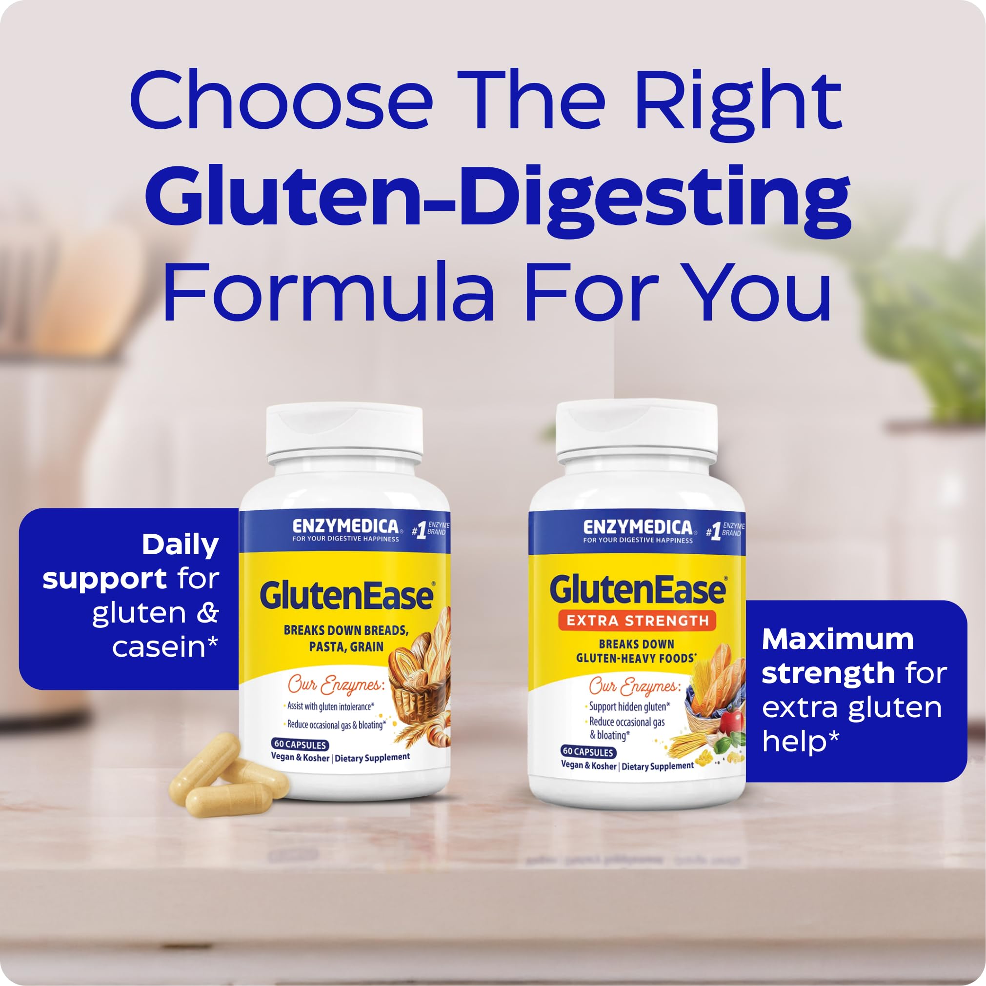 Enzymedica GlutenEase Extra Strength - Digestive Enzyme Supplement for Women & Men, Gluten & Casein Sensitivity Support, High Potency Enzymes for Digestion & Gut Health, Helps Gas & Bloating - 60 Caps