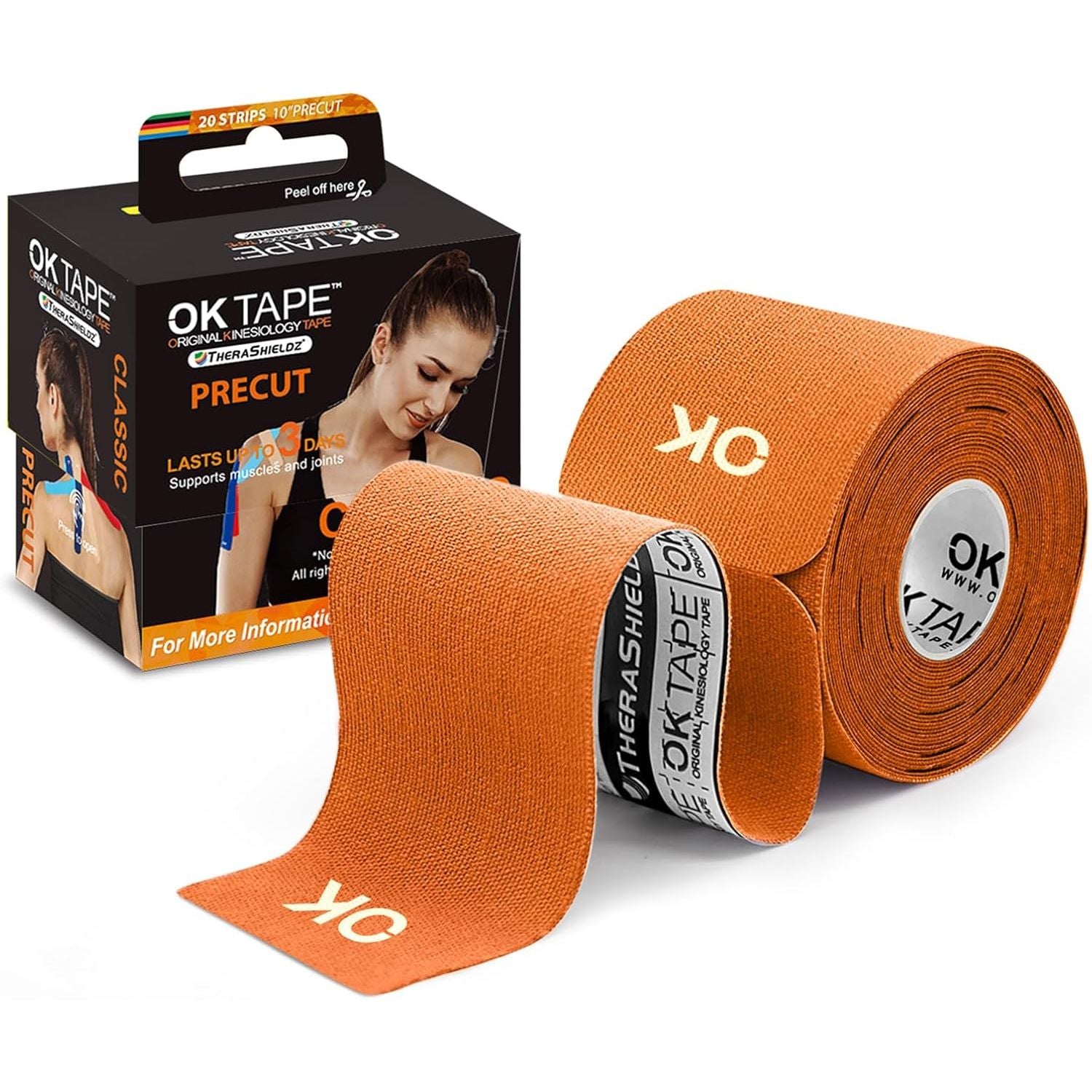 Buy now OK TAPE Kinesiology Tape 10 inches Precut, 20 Strips, Cotton Elastic Athletic Tape Latex Free, 2in x 16ft, Black 20 Count (Pack of 1) Orange at indiglob india