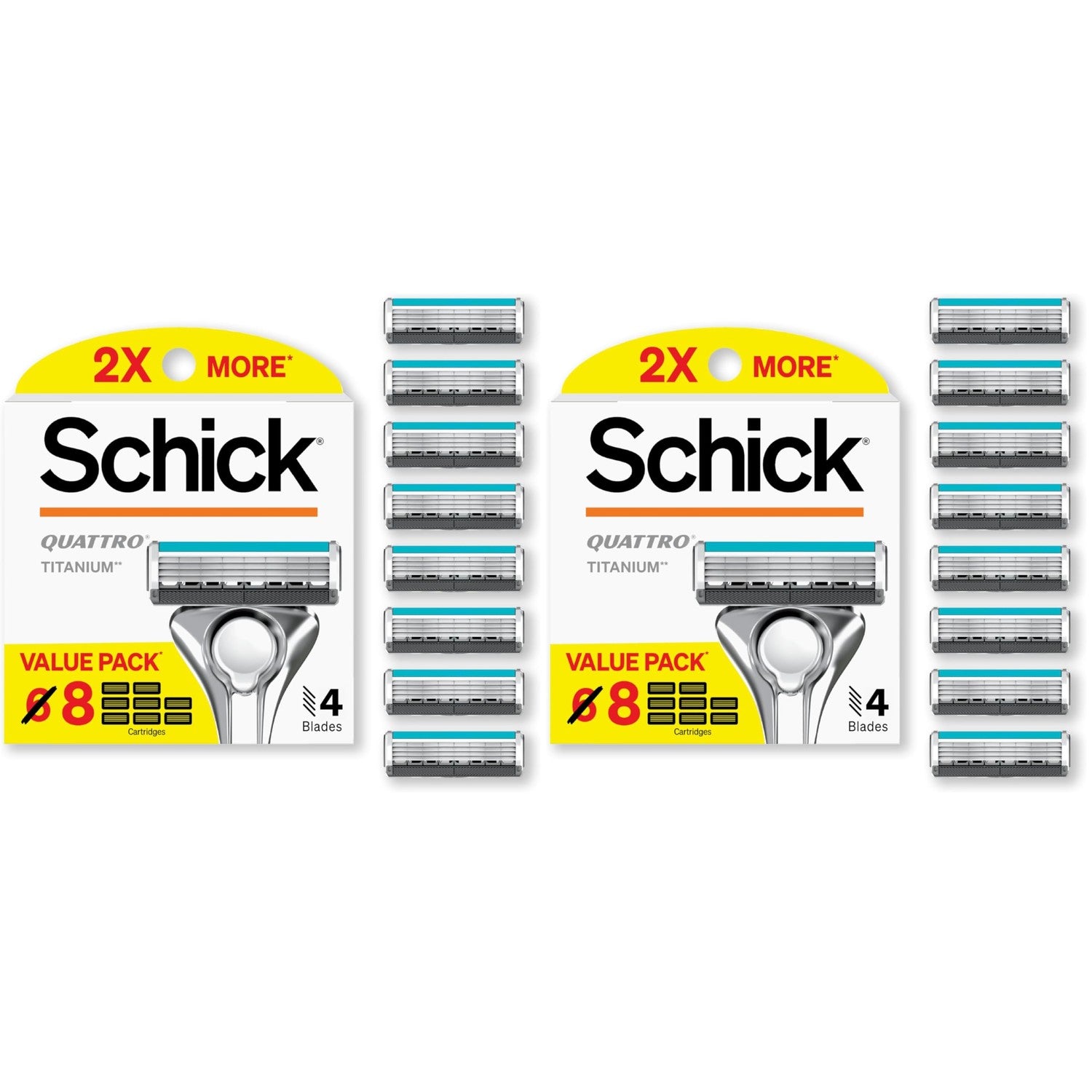 Schick Quattro Titanium 4-Blade Mens Razor Blades Refills, 8ct | Titanium-coated 4-blade razors for men, Smooth-gliding lubricating strip, Pivoting head contours face, Precision edging tool