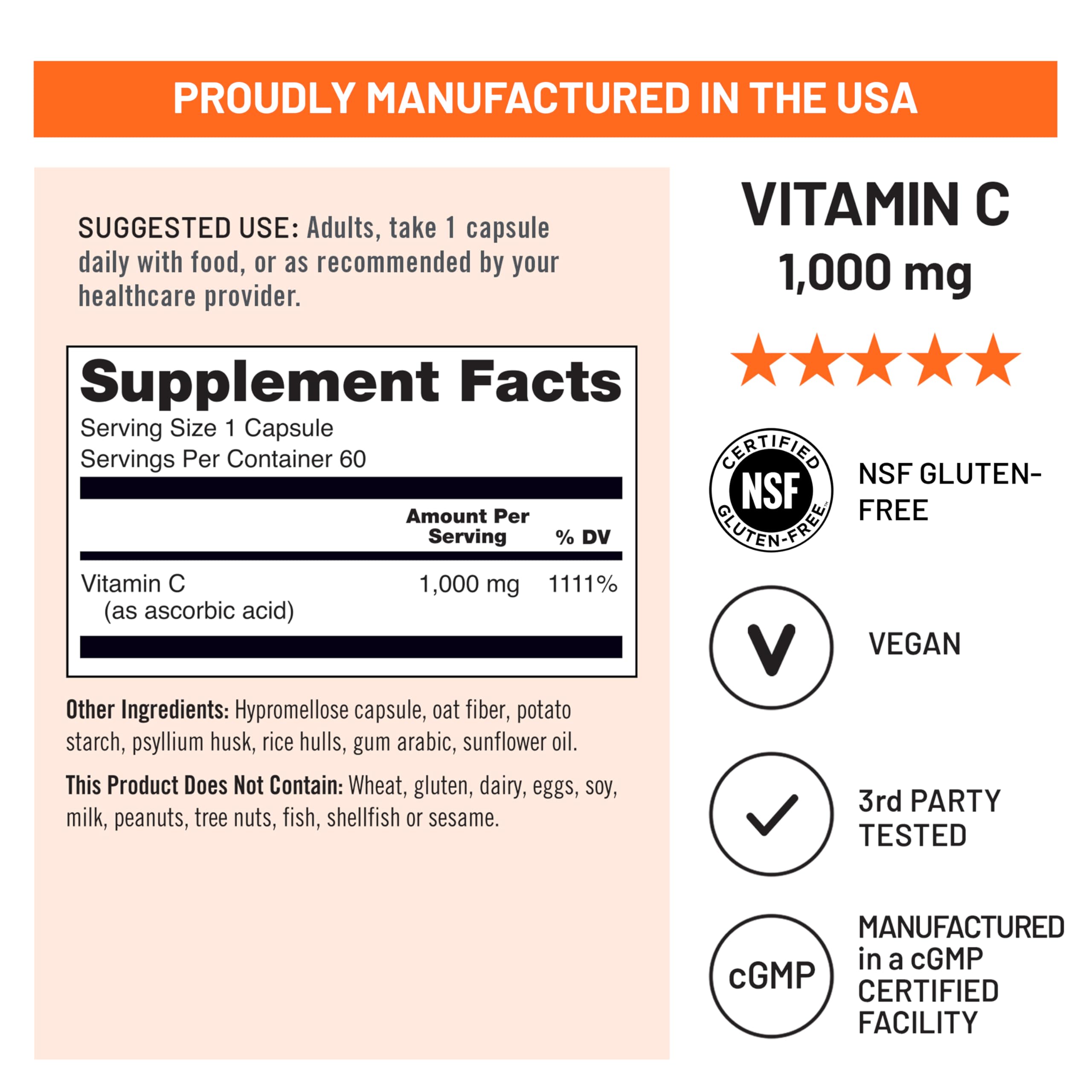 NatureWise Vitamin C 1000mg Capsules - Extra Strength Vegan Vitamin C for Daily Antioxidant & Immune Support - Non-GMO, USA Manufactured - 60 Capsules[60-Day Supply]