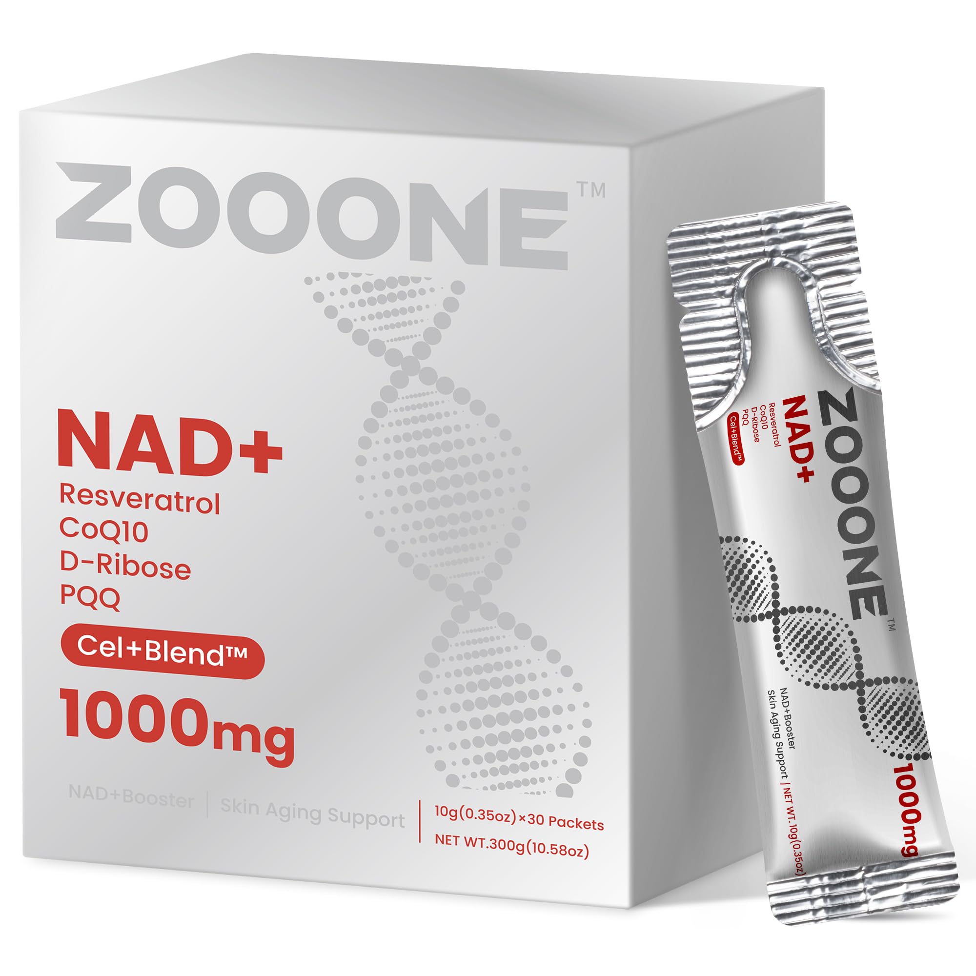 zooone NAD+ Liquid Packets 1000mg, NMN Supplement Alternative with Aging-Supportive Resveratrol, CoQ10, D-Ribose & PQQ for Cellular Energy, 30 On-The-Go Single Serve Packets