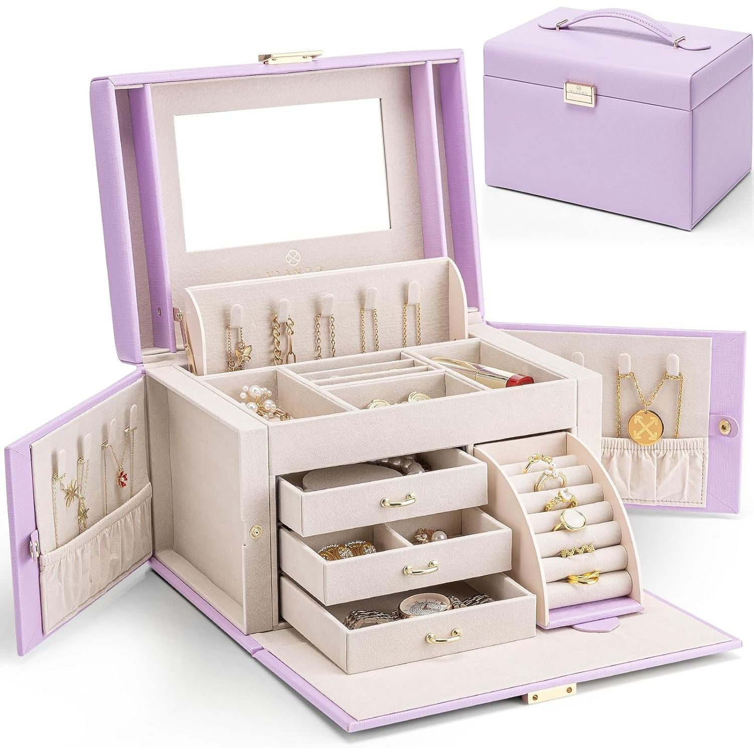 Buy now Vlando Jewelry Box Organizer for Girls Women, Large Baroque Jewelry Holder Organizer with Mirror, 3 Drawers for Bracelets, Earrings, Rings, Necklaces, Mothers Day for Loved One, Pink G.Purple at indiglob india