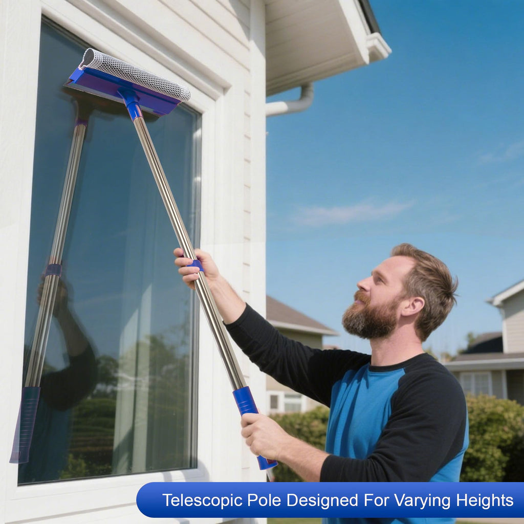 2-in-1 Window Squeegee&Car Squeegee with 15.7"-27.5" Retractable Stainless Steel Handle, Windshield Cleaner Tool for Cars, Trucks, Glass Doors, Shower Glass, Outdoor Windows