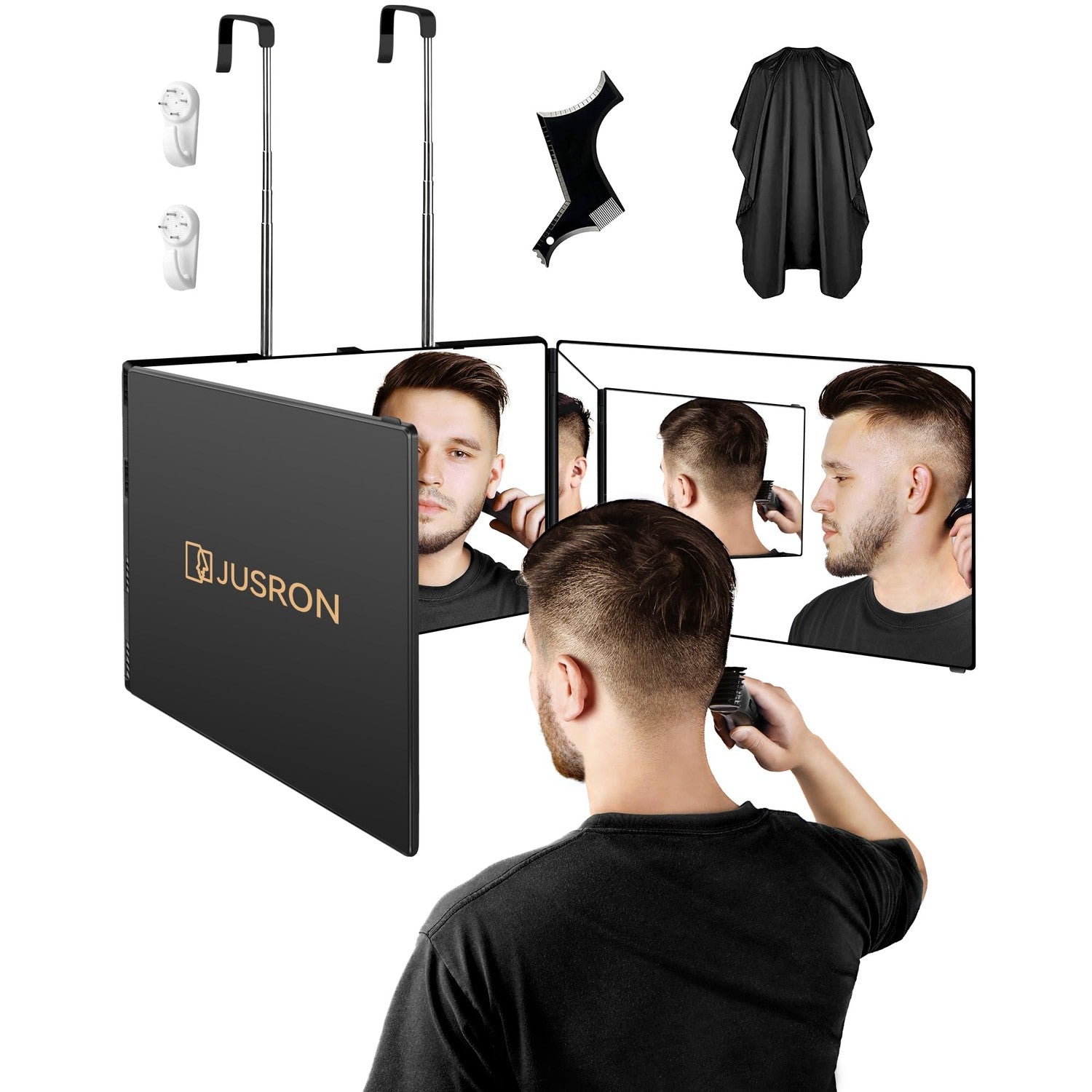 JUSRON 360 Viewing Angle Self Hair Cutting Mirror, Clear Anti-Fog HD Glass, USB Rechargeable, Easy to Use, Height Adjustable, Portable, Good Choice for Gifts | USB Rechargeable, Easy to Use, Height Adjustable, Portable, Good Choice for Gifts