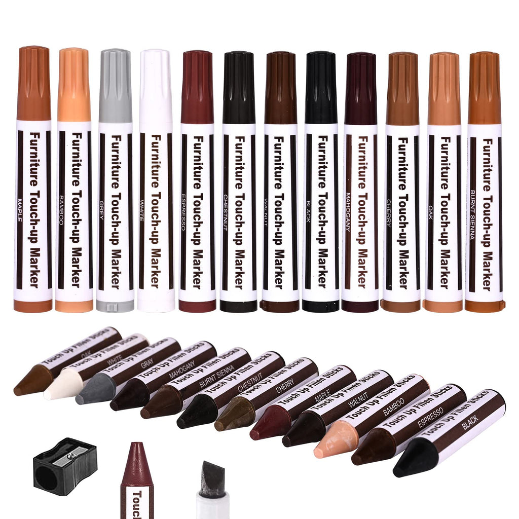 Furniture Repair Kit Wood Markers - Markers and Wax Sticks for Stains, Scratches, Wood Floors, Tables, Desks, Carpenters, Bedposts, Touch Ups, and Cover Ups (25)