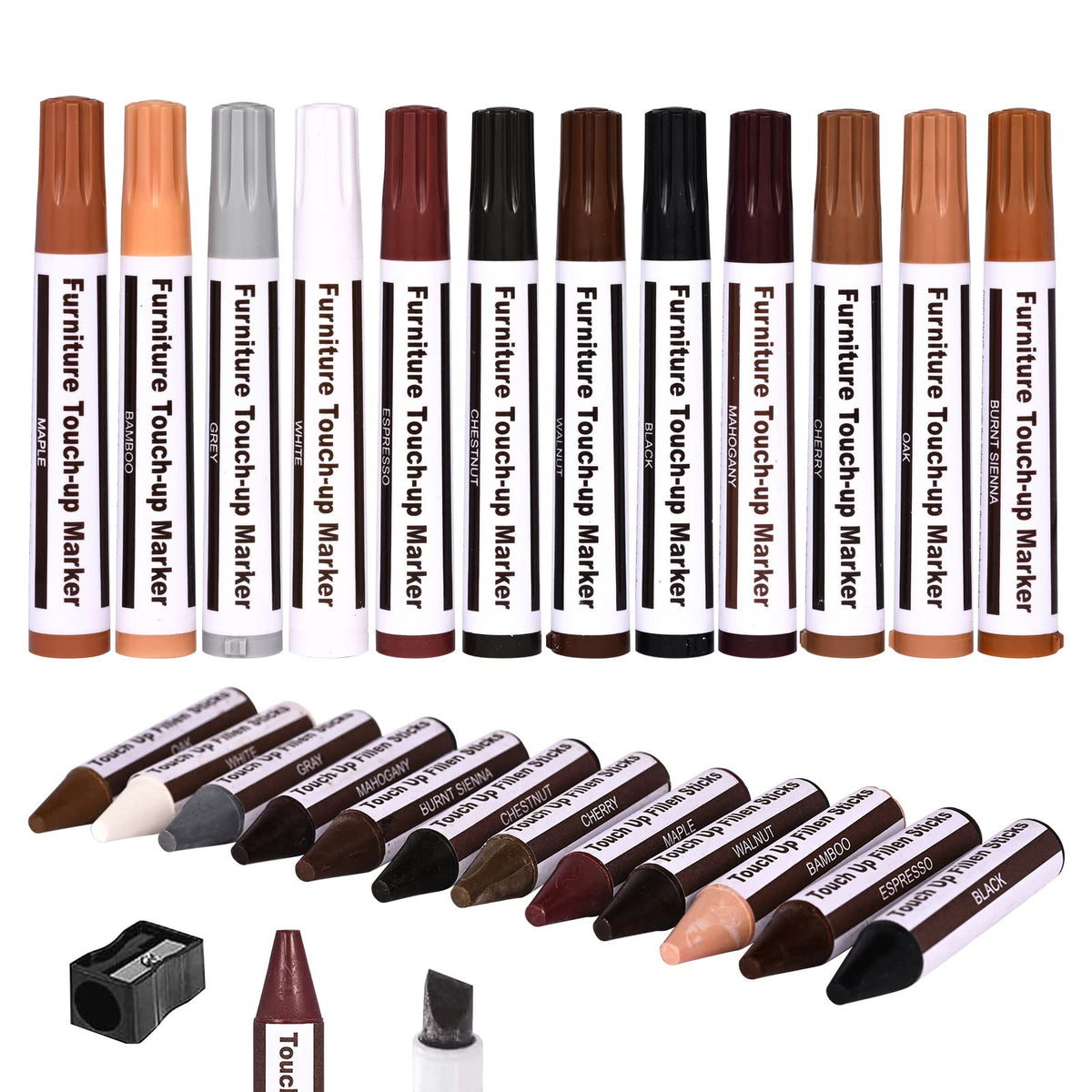 Furniture Repair Kit Wood Markers - Markers and Wax Sticks for Stains, Scratches, Wood Floors, Tables, Desks, Carpenters, Bedposts, Touch Ups, and Cover Ups (25)