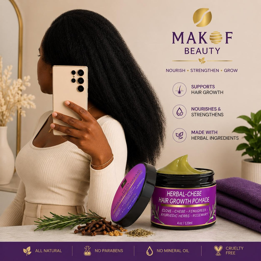 MAKOF BEAUTY Chebe Hair Growth Grease - Herbal Pomade with Clove, Fenugreek, Rosemary, Moringa & Ayurvedics Herbs for Hair Loss, Edges & Thinning Hair 4oz