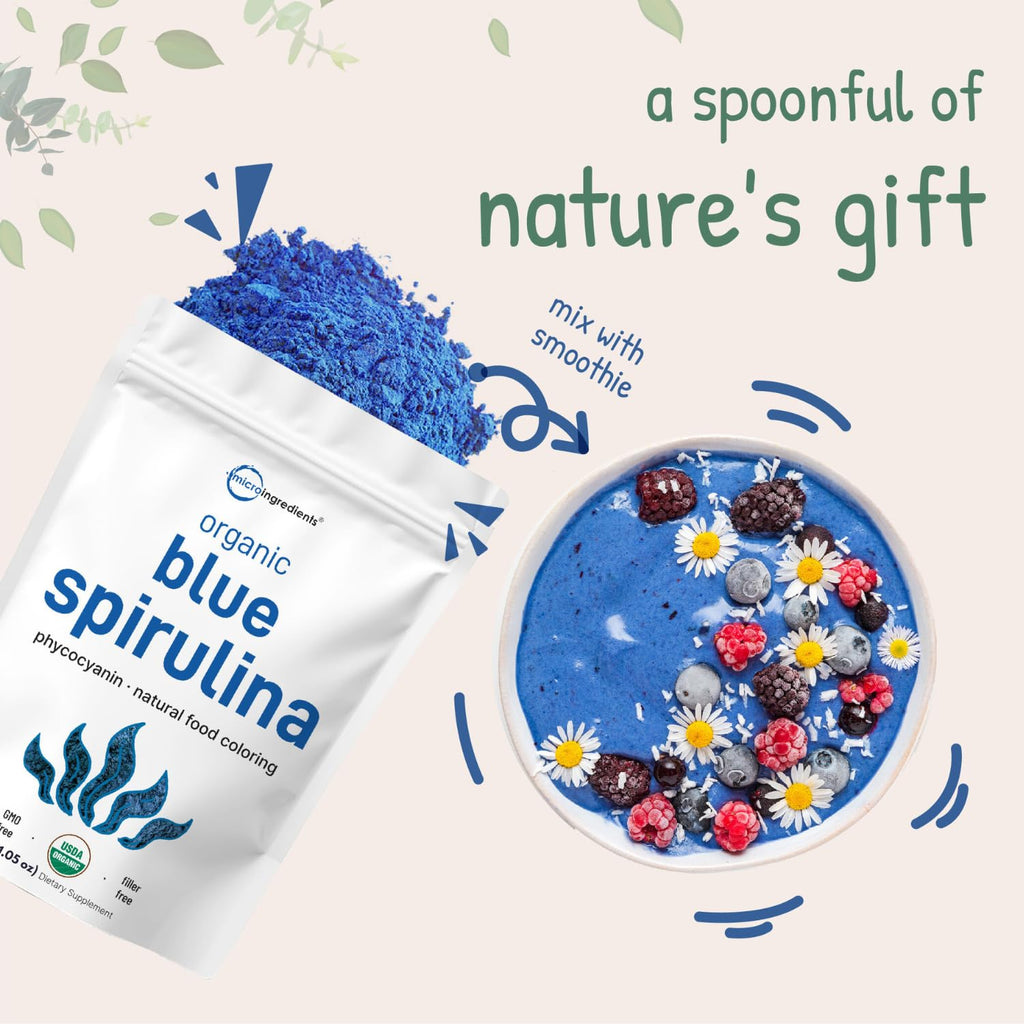 Organic Blue Spirulina Powder (Phycocyanin Extract), 30 Servings - No Fishy Smell, 100% Vegan Protein from Blue-Green Algae, Natural Luminous Food Coloring for Smoothies, Baking, Drinks & Cooking