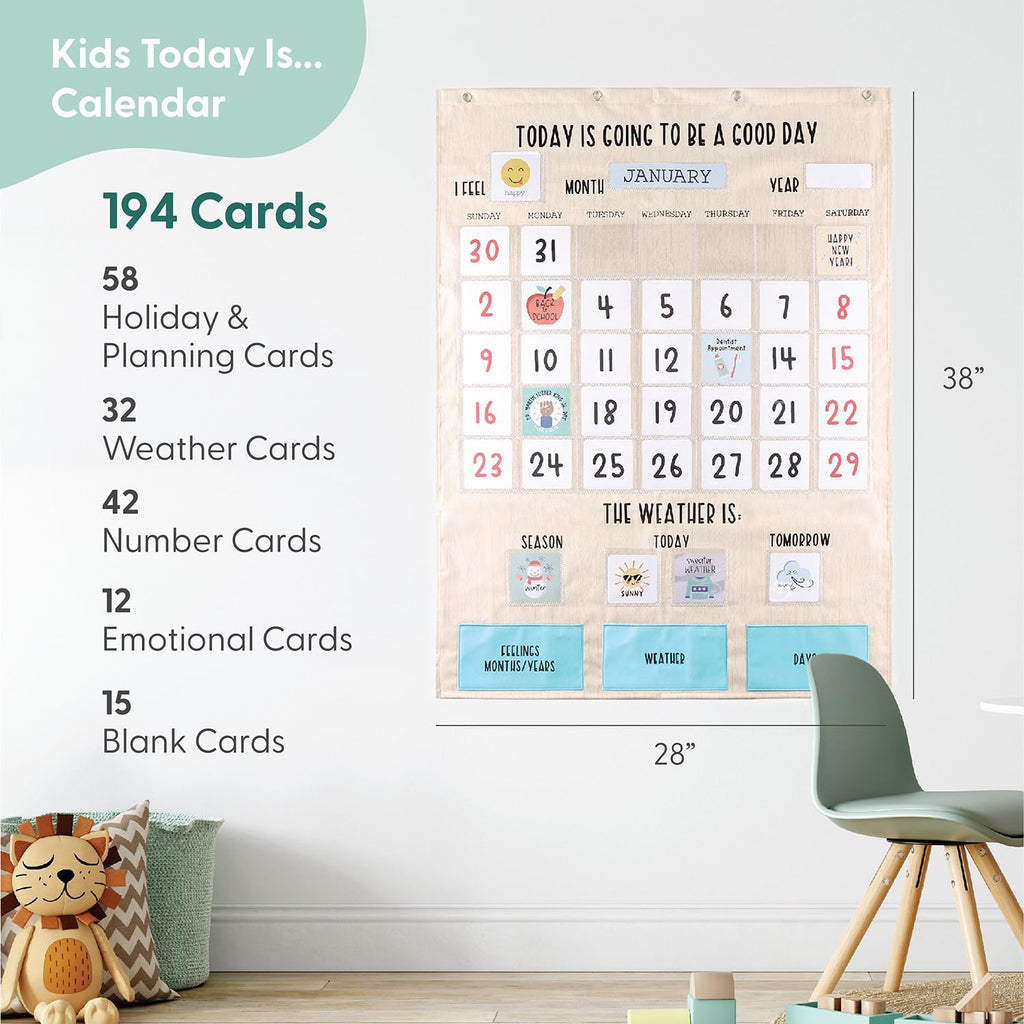 The Peanutshell Learning Calendar Wall Chart - Homeschool Supplies, Interactive Pocket Chart for Toddlers & Kids - Preschool Learning Activity Board, Circle Time Board for Classroom - Good Day