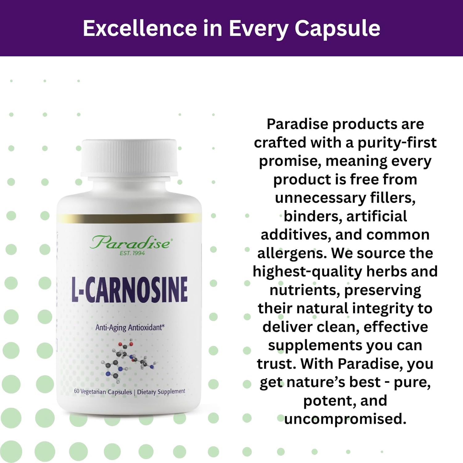 Buy now Paradise Herbs L-Carnosine, Super Potent, Ultra Pure, Antioxidant, Vegan, Non GMO, Gluten Free, 60 Vegetarian Capsules at indiglob india