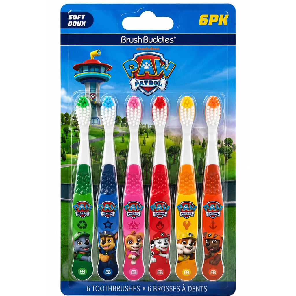 Brush Buddies Paw Patrol Kids Toothbrush Set of 6 Pack Soft Bristle Toothbrushes for Toddlers Ages 2+, Extra Gentle Bristles, Small Head, Easy Grip Handle, Fun Paw Patrol Characters, Kids Oral Care