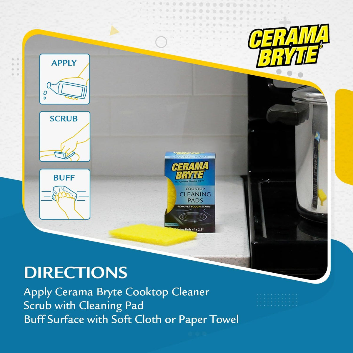 Cerama Bryte 1 x 10 Pack Cleaning Pads Cooktop and Stove Top Cleaner for Glass - Ceramic Surfaces, 10 Count