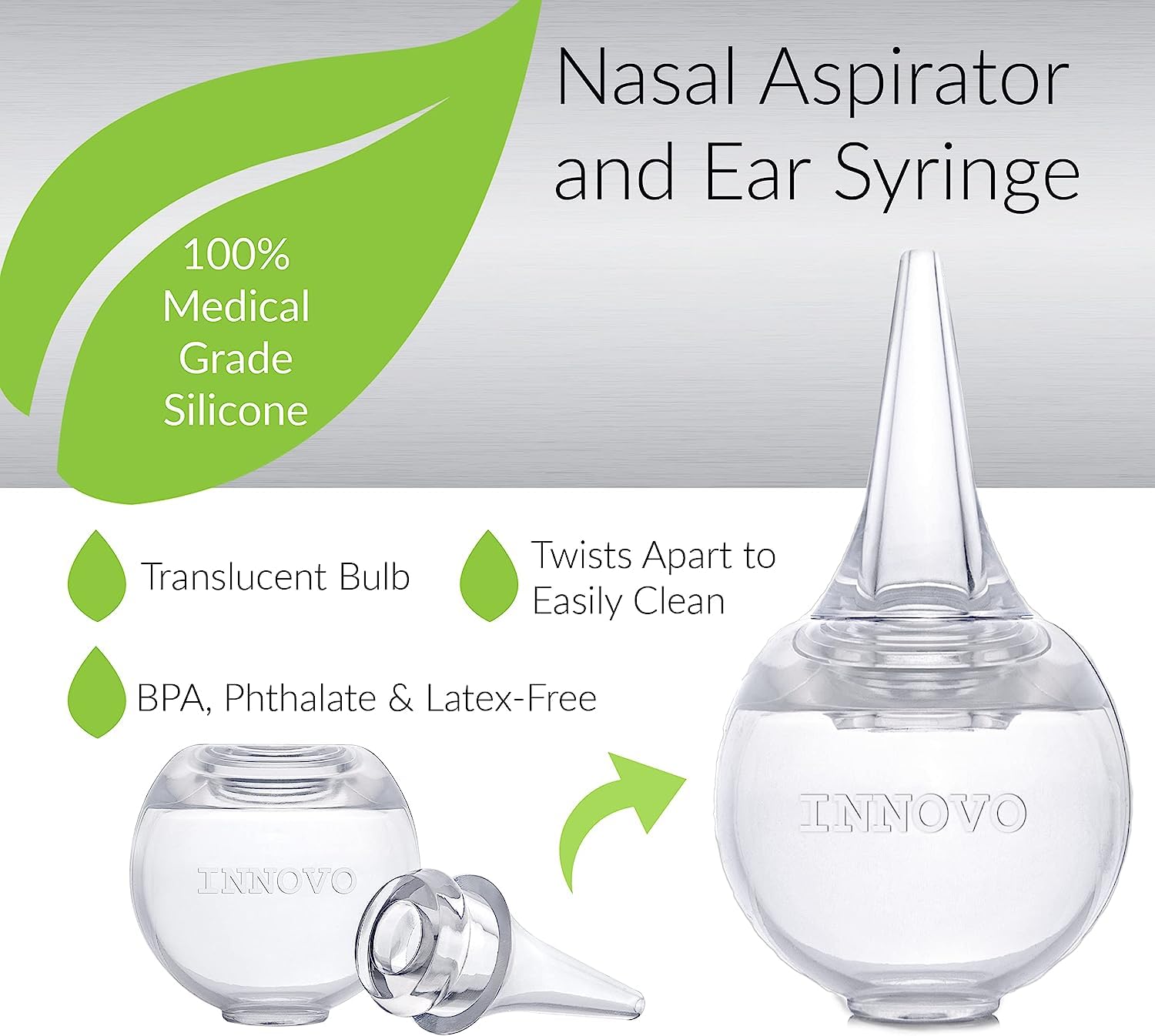 Buy now Innovo FSA/HSA Eligible Hospital Grade Silicone Twister Bulb Baby Ear Syringe and Nasal Aspirator, Sucks Snot and Mucus, Cleanable and Reusable, Clear at indiglob india
