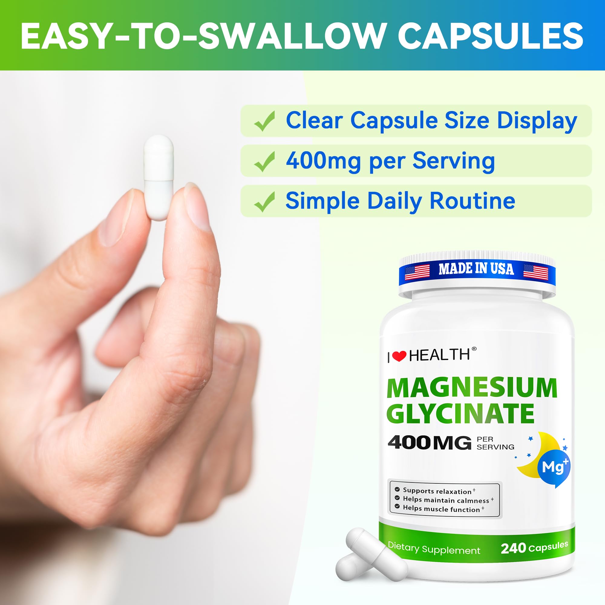 Magnesium Glycinate 400mg per Capsule – 240 Capsules – High Absorption Magnesium Supplement for Relaxation, Calmness & Muscle Support – Gentle on Stomach - for Men and Women – Made in USA