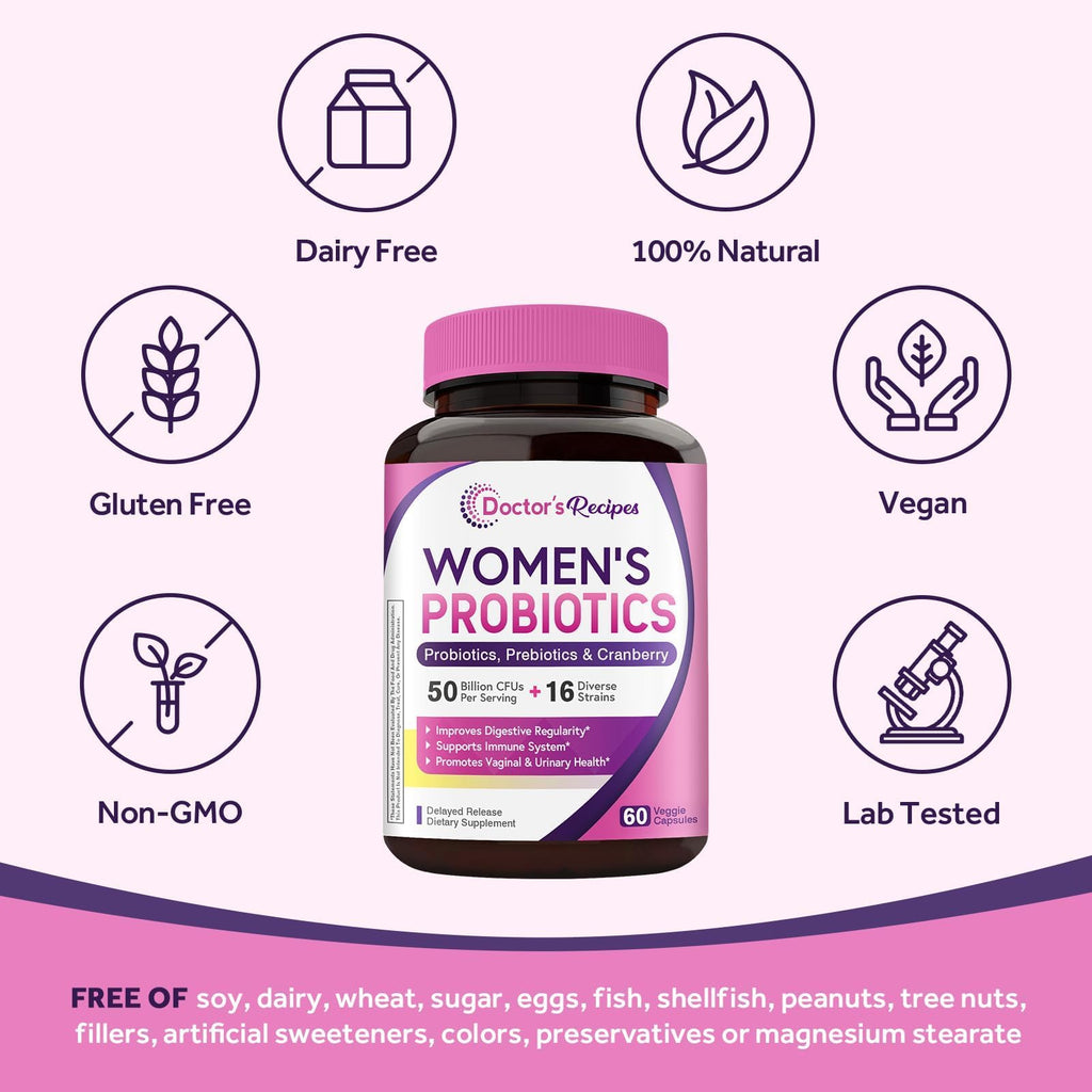 Doctor's Recipes Women's Probiotic, 60 Caps 50 Billion CFU 16 Strains, with Organic Cranberry, Digestive Immune Vaginal & Urinary Health, Shelf Stable, Delayed Release, No Soy Gluten Dairy