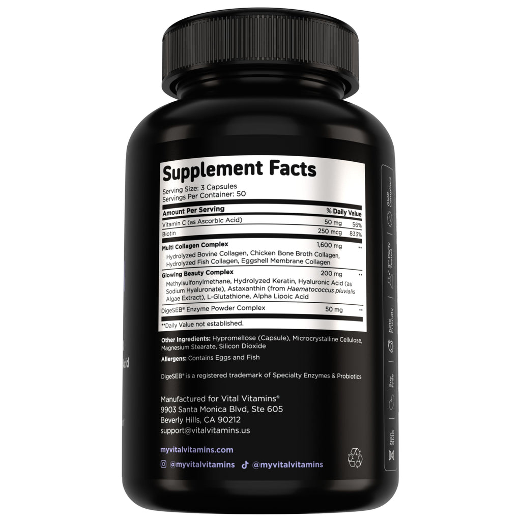 Vital Vitamins Multi Collagen Complex Plus Biotin, Hyaluronic Acid & VIT. C | Hair, Skin, & Nails Supplements for Women and Men, 5 Collagen Types I II III V & X, 150 Capsules