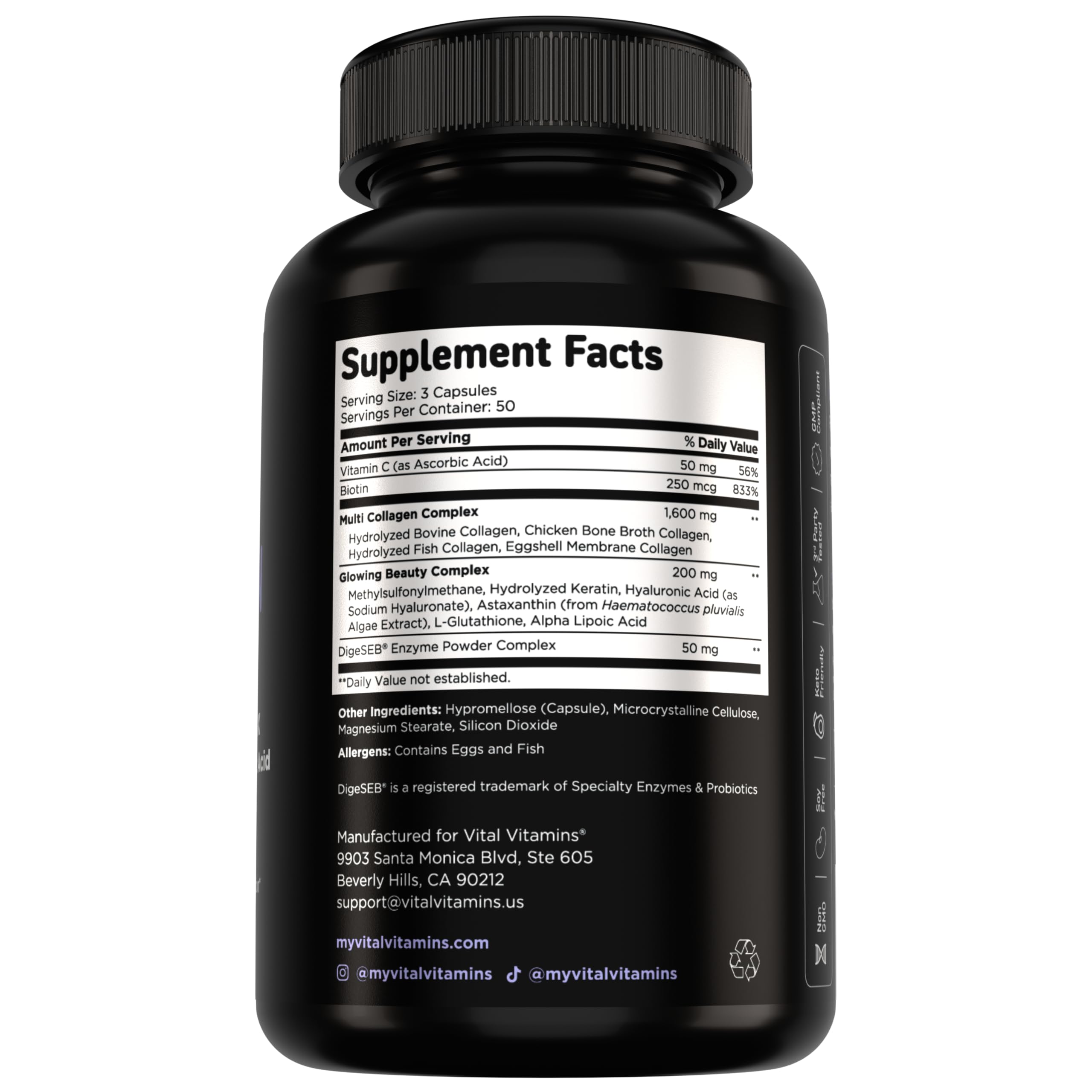 Vital Vitamins Multi Collagen Complex Plus Biotin, Hyaluronic Acid & VIT. C | Hair, Skin, & Nails Supplements for Women and Men, 5 Collagen Types I II III V & X, 150 Capsules