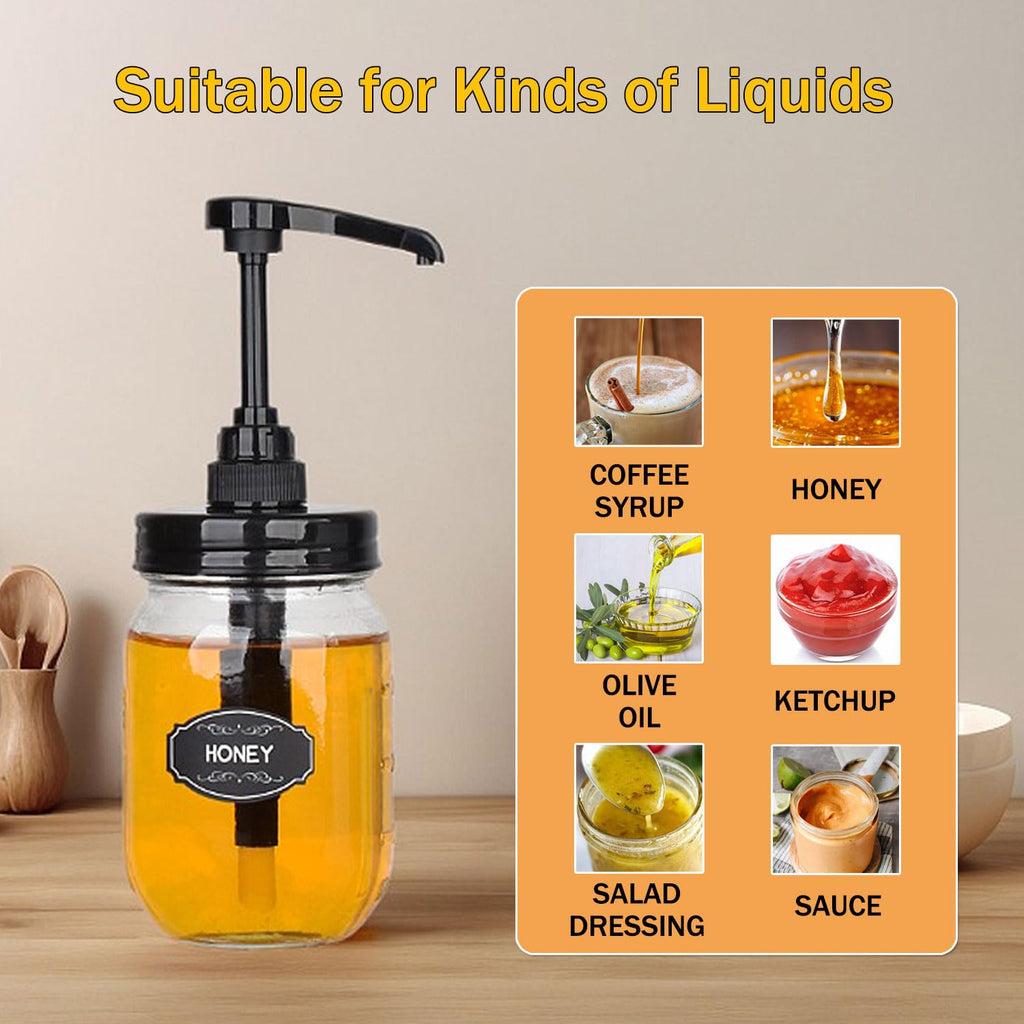 2 Pack Mason Jar Syrup Dispenser Pump Lids, Coffee Syrup Dispensers for Regular Mouth Mason Jars with Rust Proof Plastic Pumps and lids, Kitchen Food Grade Honey Dispenser Pump, Black