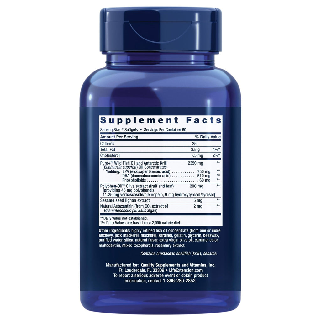 Life Extension Super Omega-3 Plus EPA/DHA Fish Oil, Sesame Lignans, Olive Extract, Krill & Astaxanthin - Heart, Brain & Joint Health Support - Gluten-Free, Non-GMO - 120 Softgels