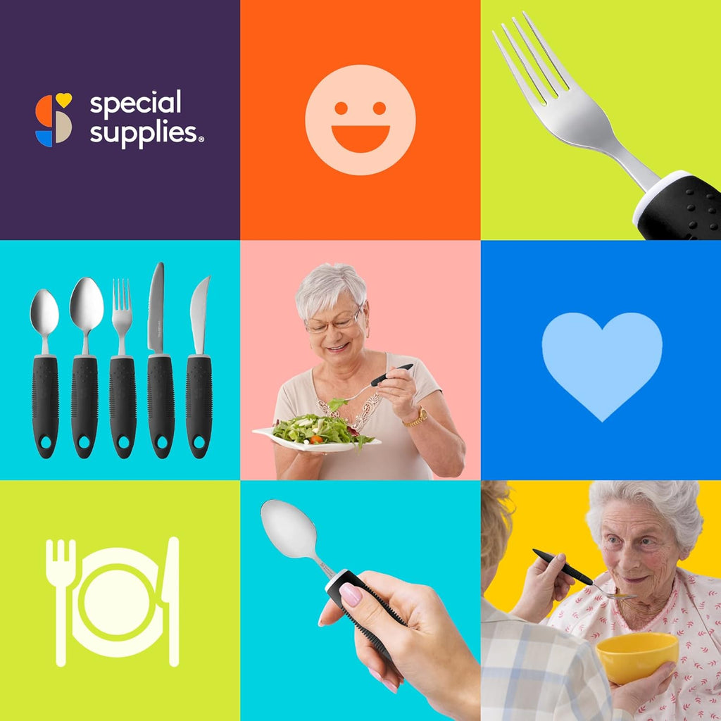Buy now Special Supplies Adaptive Utensils (5-Piece Kitchen Set) Wide, Non-Weighted, Non-Slip Handles for Hand Tremors, Arthritis, Parkinsonâ€™s or Elderly Use (Black) at indiglob india